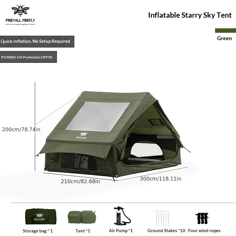 An outdoor inflatable camping tent with a panoramic window, suitable for activities such as camping, hiking and fishing.