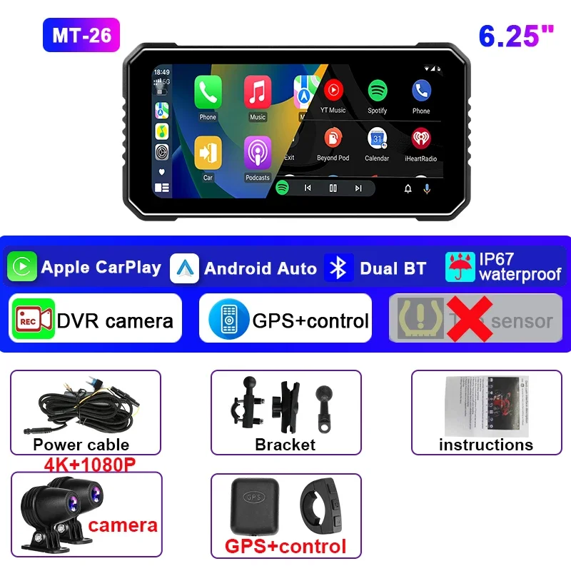 6.25 inch Front 4k+Rear 1080P Moto DVR Wireless Carplay Android Auto IPX7 Waterproof DVR GPS Motorcycle Navigation Monitor