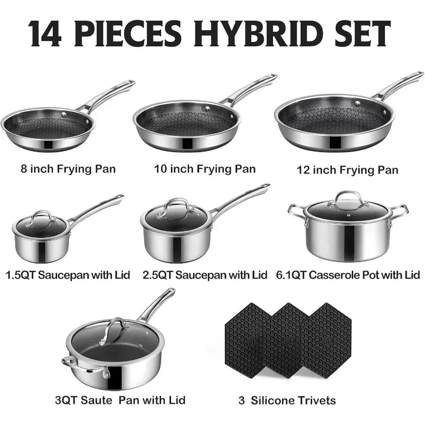 Pots and Pans Set Non Stick, 14 Pcs Hybrid Stainless Steel Cookware Sets