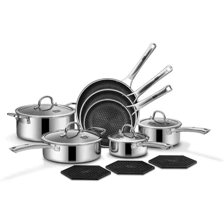 Pots and Pans Set Non Stick, 14 Pcs Hybrid Stainless Steel Cookware Sets