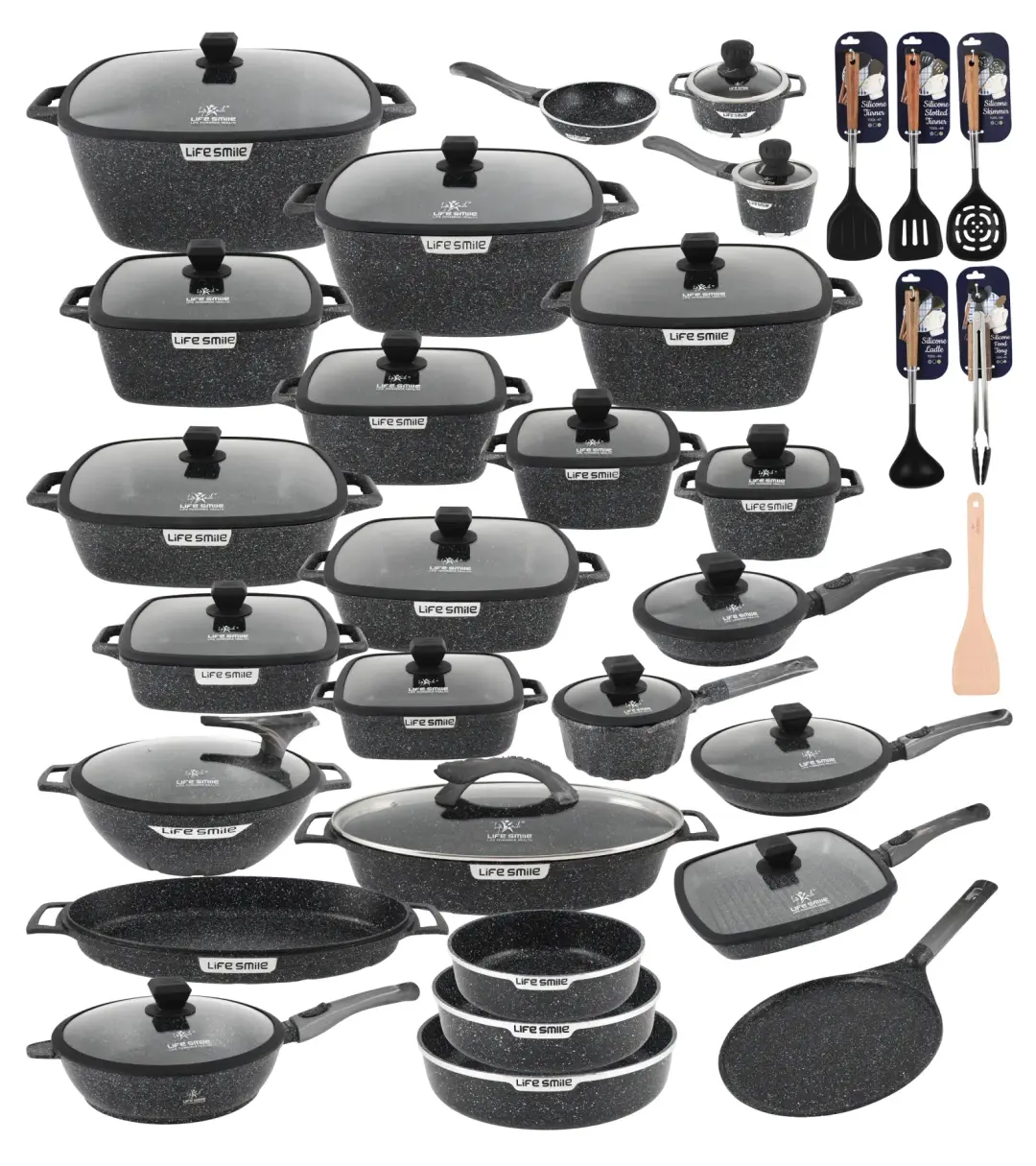 Multi-Layer Granite Non-Stick Full Cookware Collection — Induction Ready | 50+ Pieces | Beige, Black & Blue