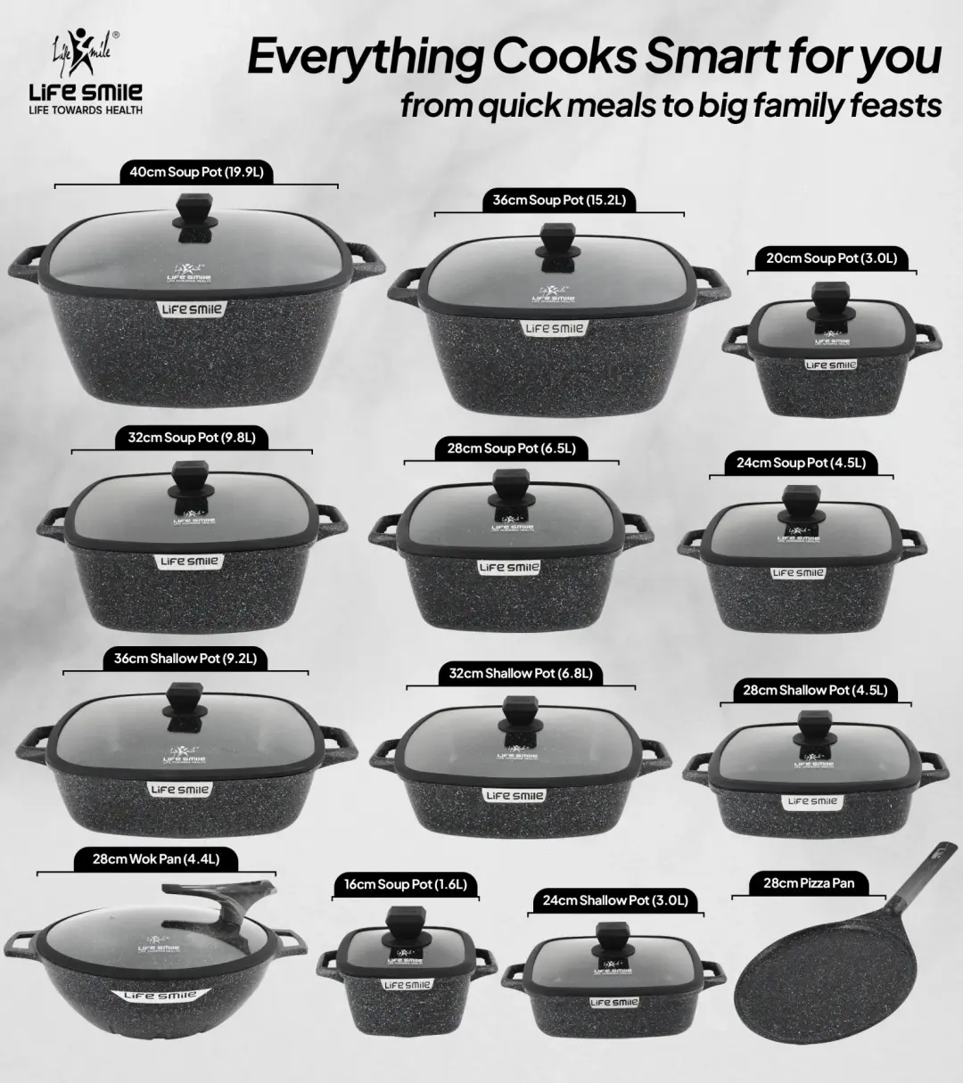 Multi-Layer Granite Non-Stick Full Cookware Collection — Induction Ready | 50+ Pieces | Beige, Black & Blue