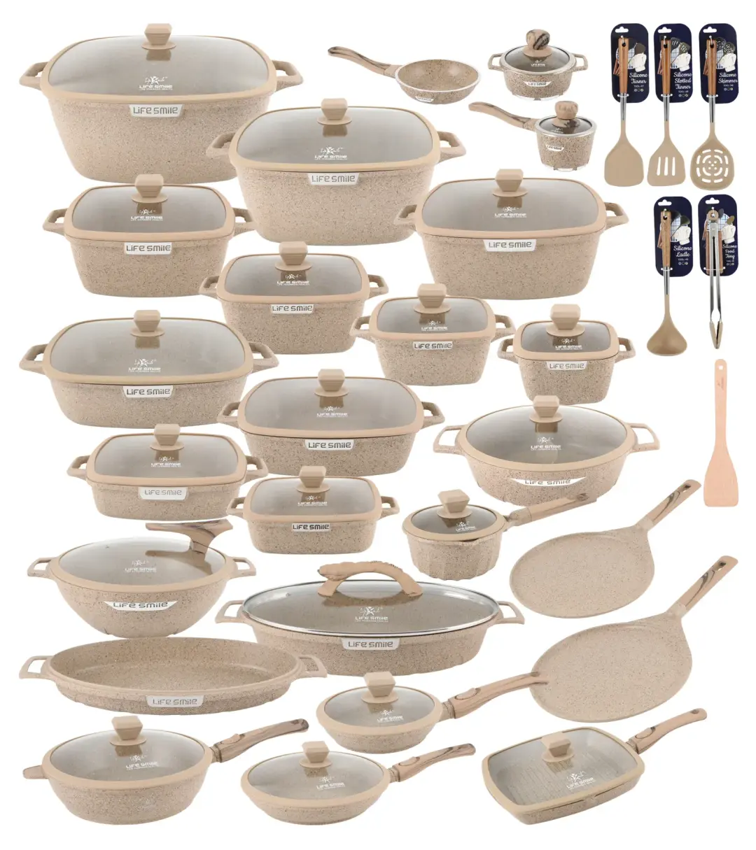 Multi-Layer Granite Non-Stick Full Cookware Collection — Induction Ready | 50+ Pieces | Beige, Black & Blue