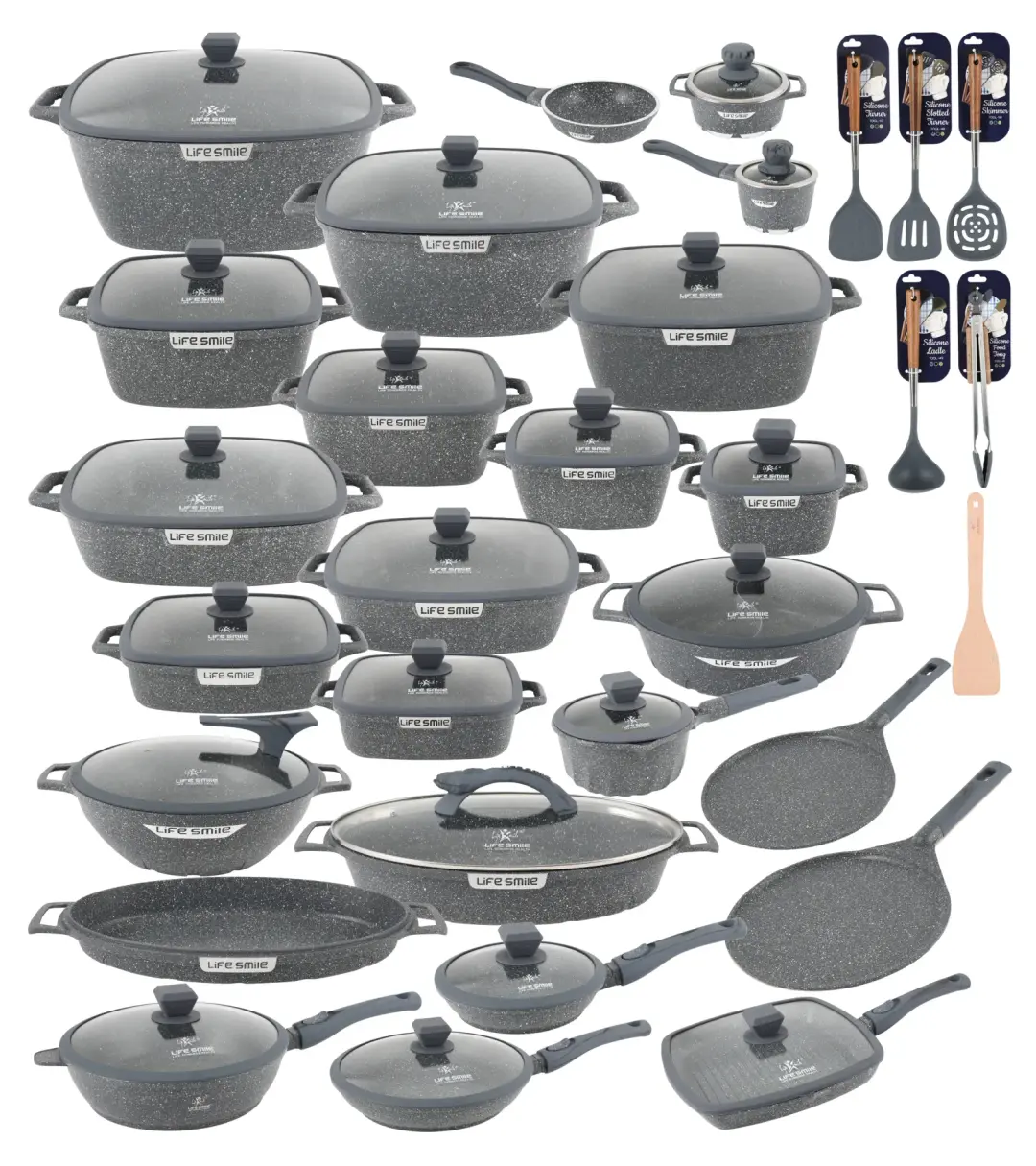 Multi-Layer Granite Non-Stick Full Cookware Collection — Induction Ready | 50+ Pieces | Beige, Black & Blue