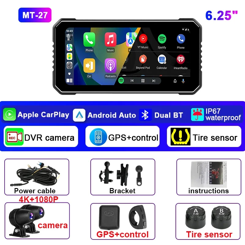 6.25 inch Front 4k+Rear 1080P Moto DVR Wireless Carplay Android Auto IPX7 Waterproof DVR GPS Motorcycle Navigation Monitor