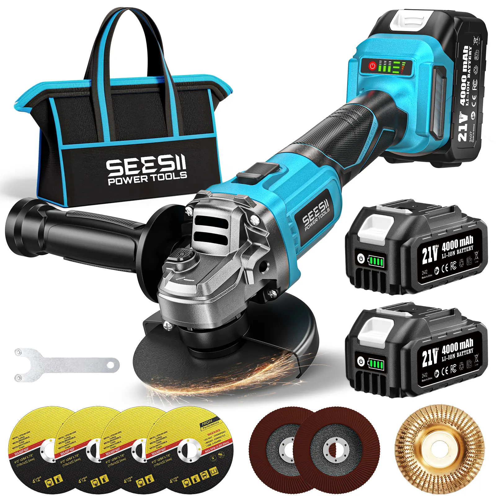 Cordless Angle Grinder Kit – Brushless 10,000RPM, 2x4.0Ah Batteries, 4-1/2'' Cutting, Flap & Wool Wheels for Precision Grinding