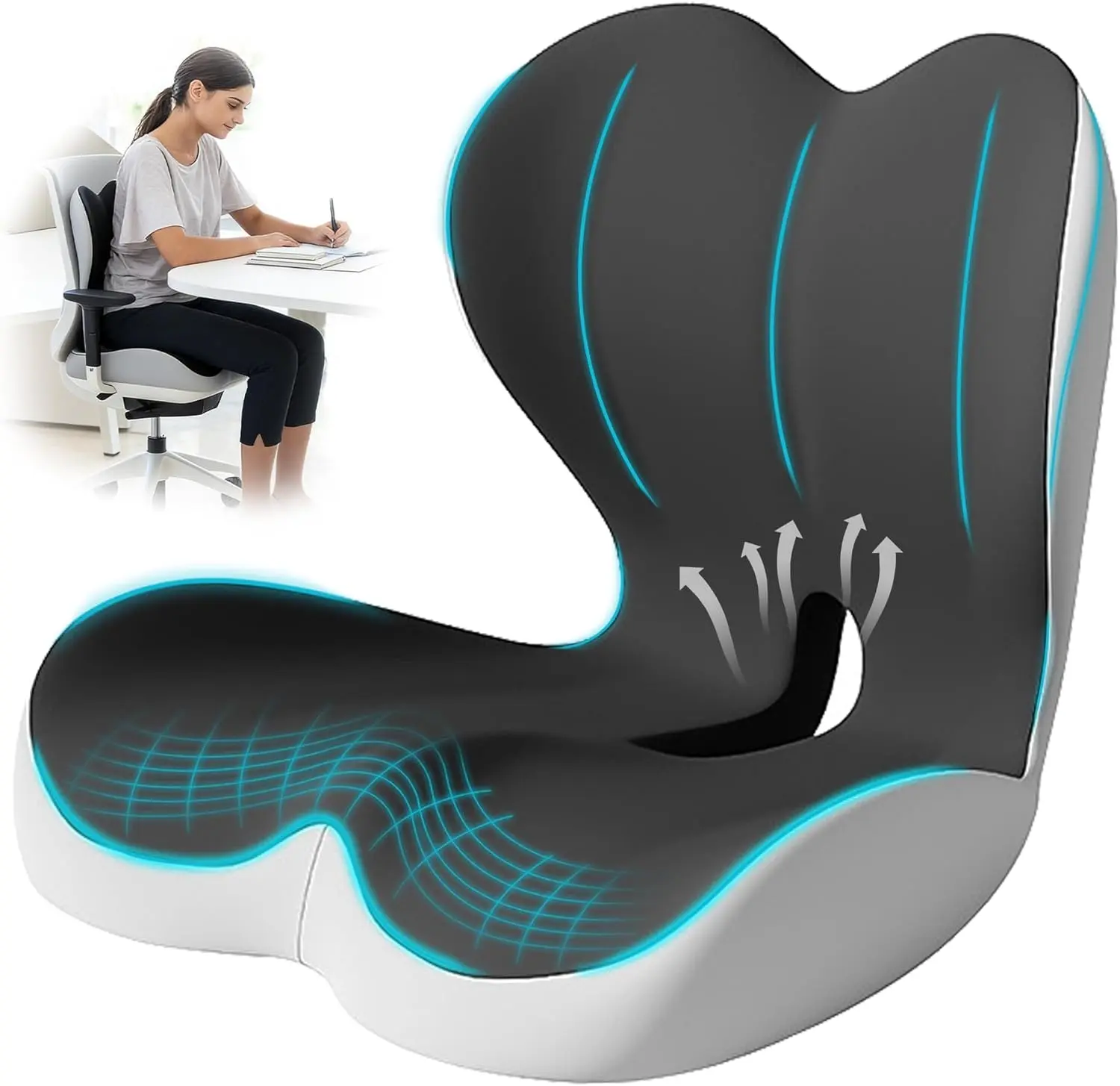 Ergonomic 2-in-1 Memory Foam Seat Cushion & Back Support Pillow - Non-Slip Tailbone Office Chair Pad for Sciatica & Lower Back Pain Relief, Car Drives Gift