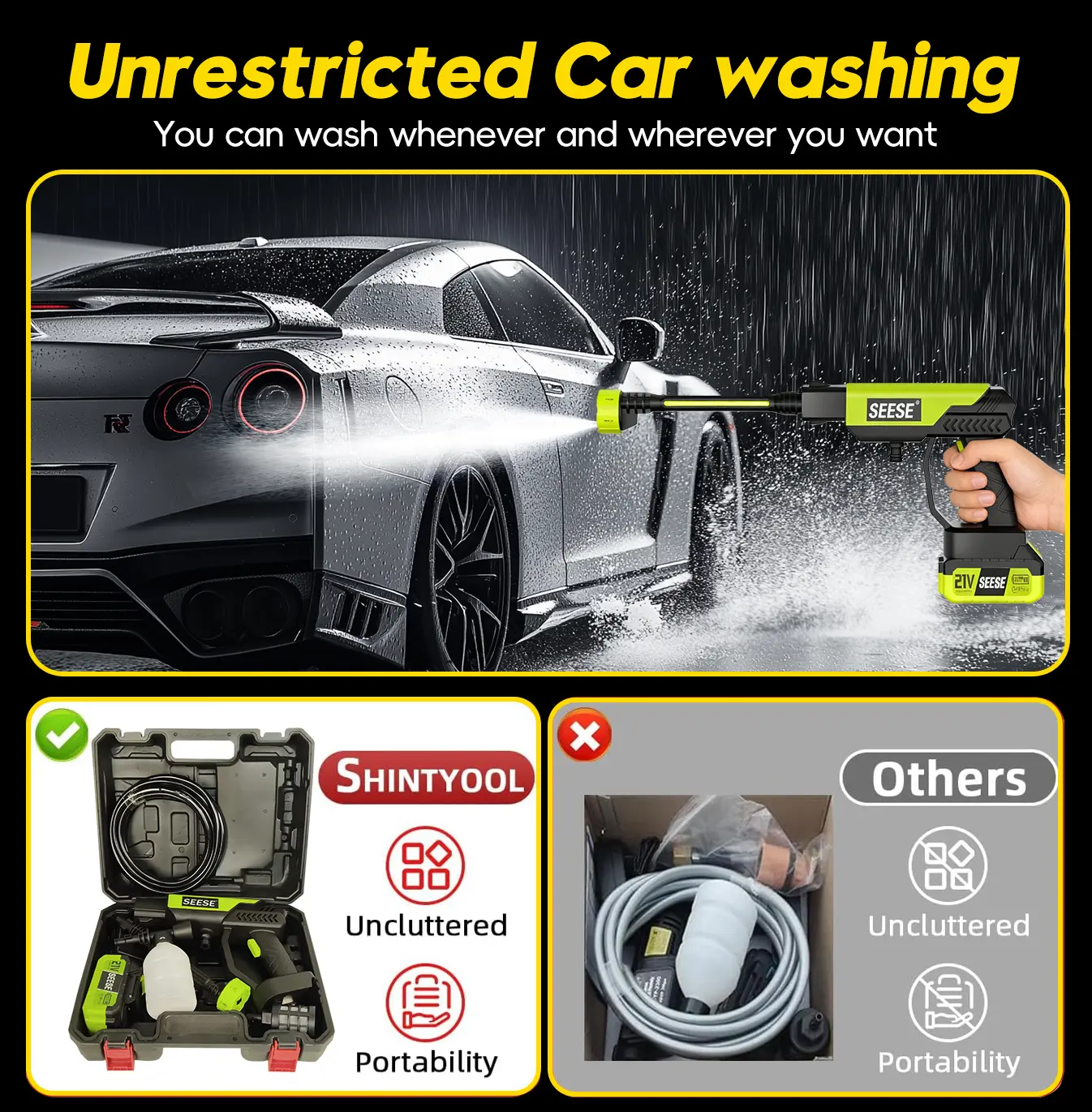 【FathersDayGift】SEESE Cordless Pressure Washer and Single Port Charger Base, Bottle Portable Washer for Car,Home Cleaning & Garden Watering