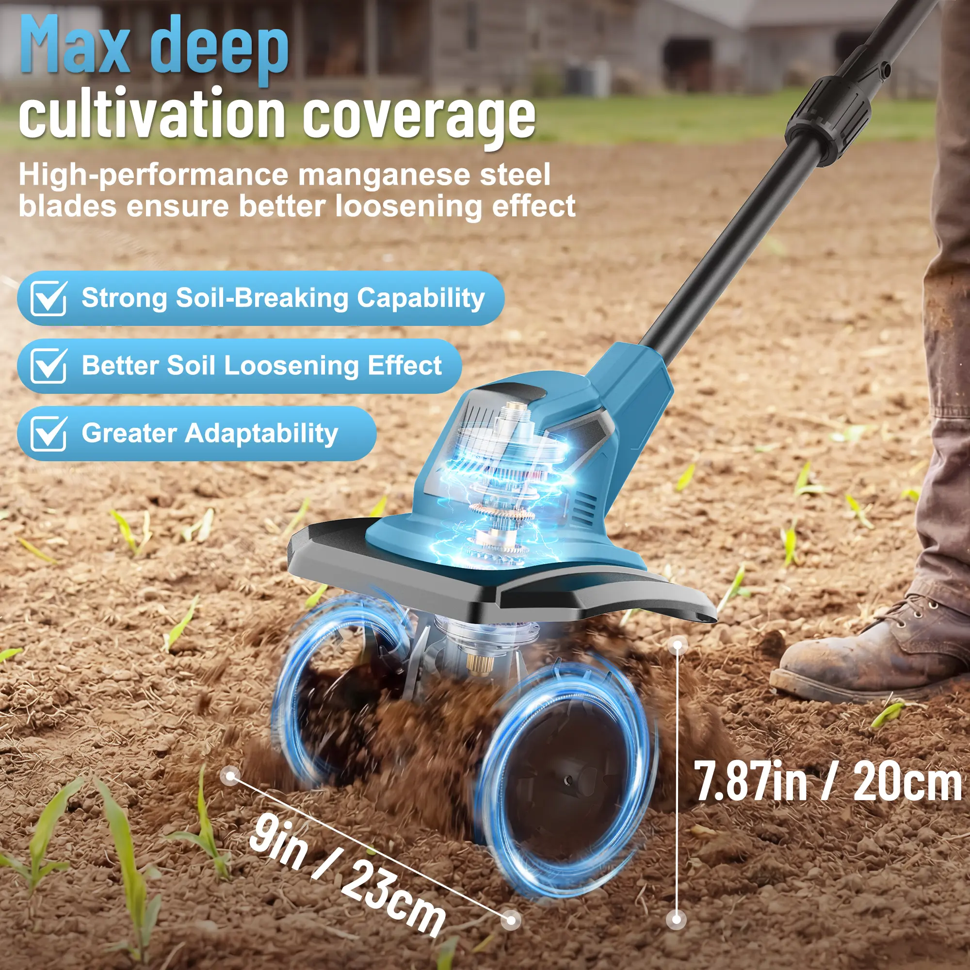 Cordless Cultivator & Tiller, 21V Electric Garden Tillers with 2×4000mAh Battery 120 Mins Runtime, 270 RPM Manganese Steel Blades, Lightweight 11.6 lbs, Ergonomic Design for Vegetable Plots Flowerbeds
