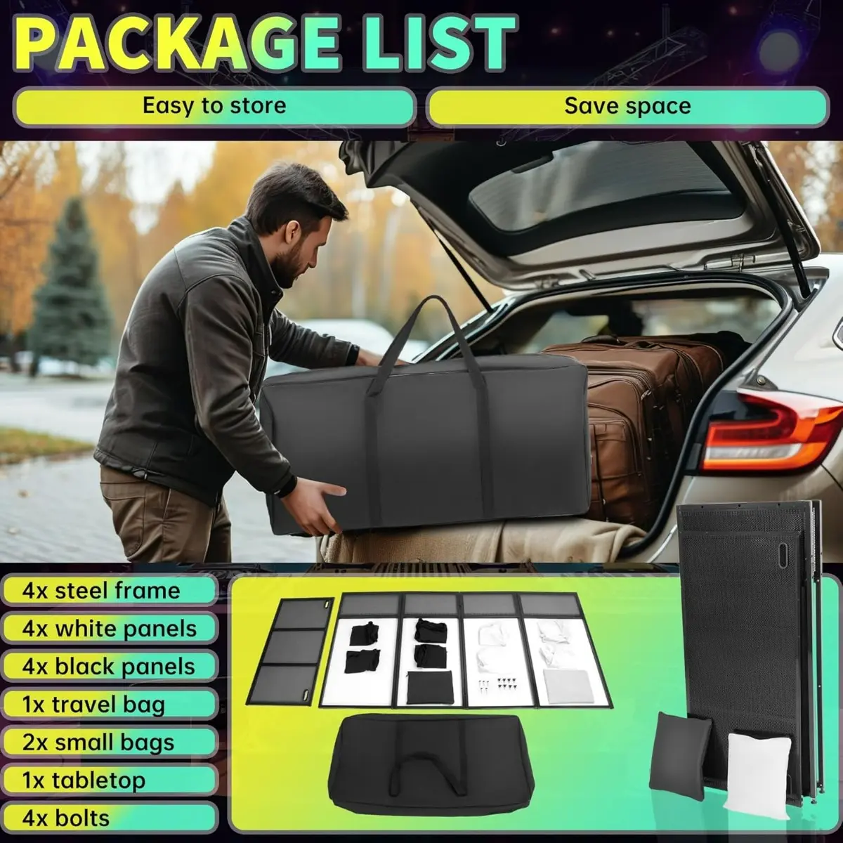 Portable DJ Booth Facade – Foldable DJ Table with Black & White Scrims, Carry Bag & Sturdy Metal Frame for Events