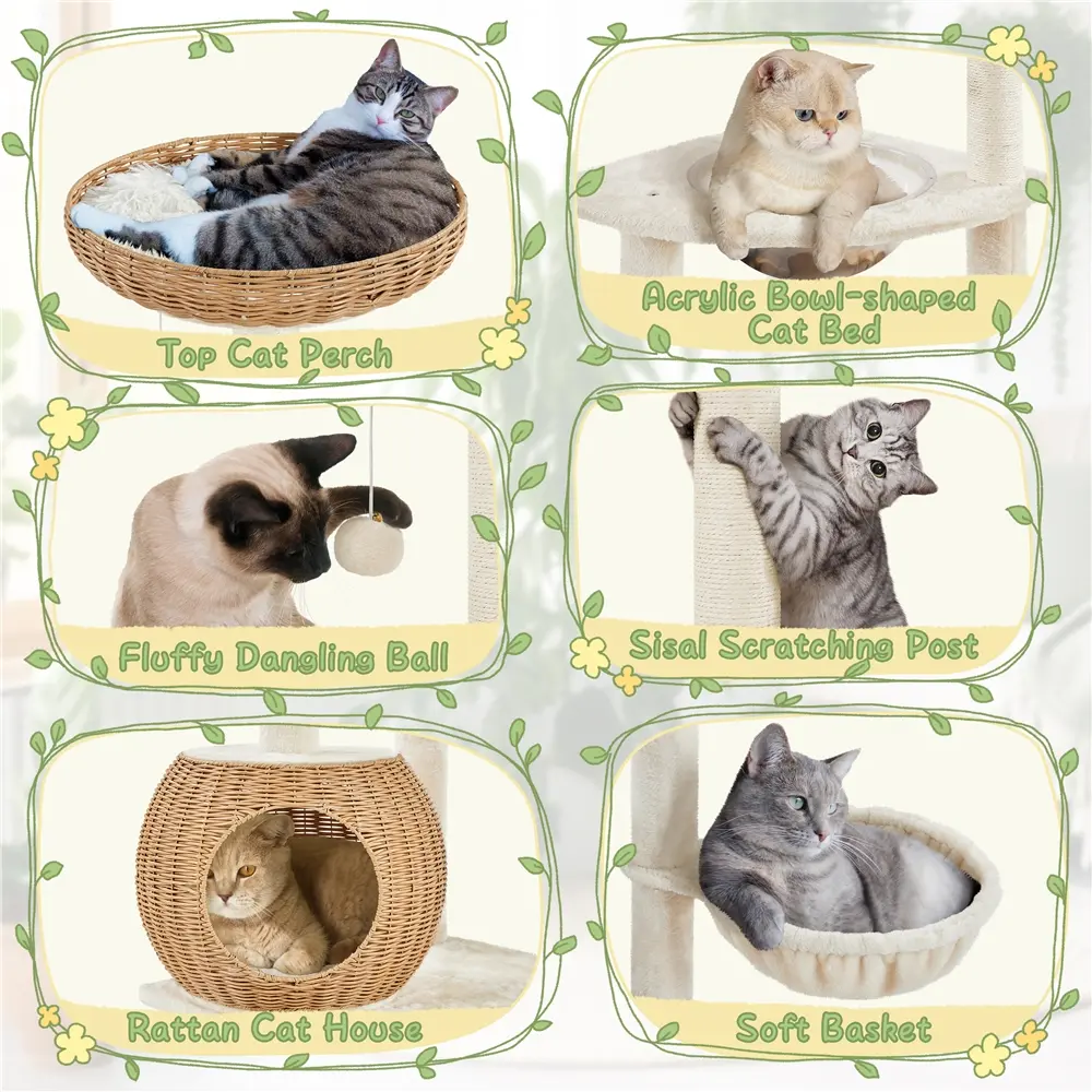 54'' Rattan Cat Tree Tower – Woven Condo, Clear Bowl, Washable Cushions & Scratching Posts for Indoor Cats