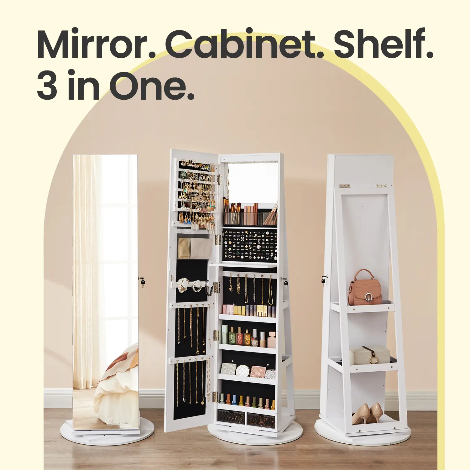 LED Lockable Jewelry Cabinet – Standing Armoire with Frameless Full-Length Mirror & 3 Storage Shelves