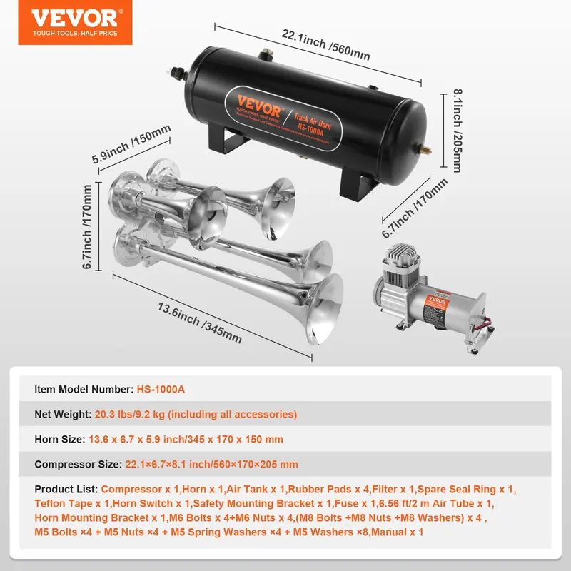 4-Trumpet Train Horn Kit – 150dB, 12V Air Compressor with 3L Tank, Fits Cars, Trucks, Vans & Boats