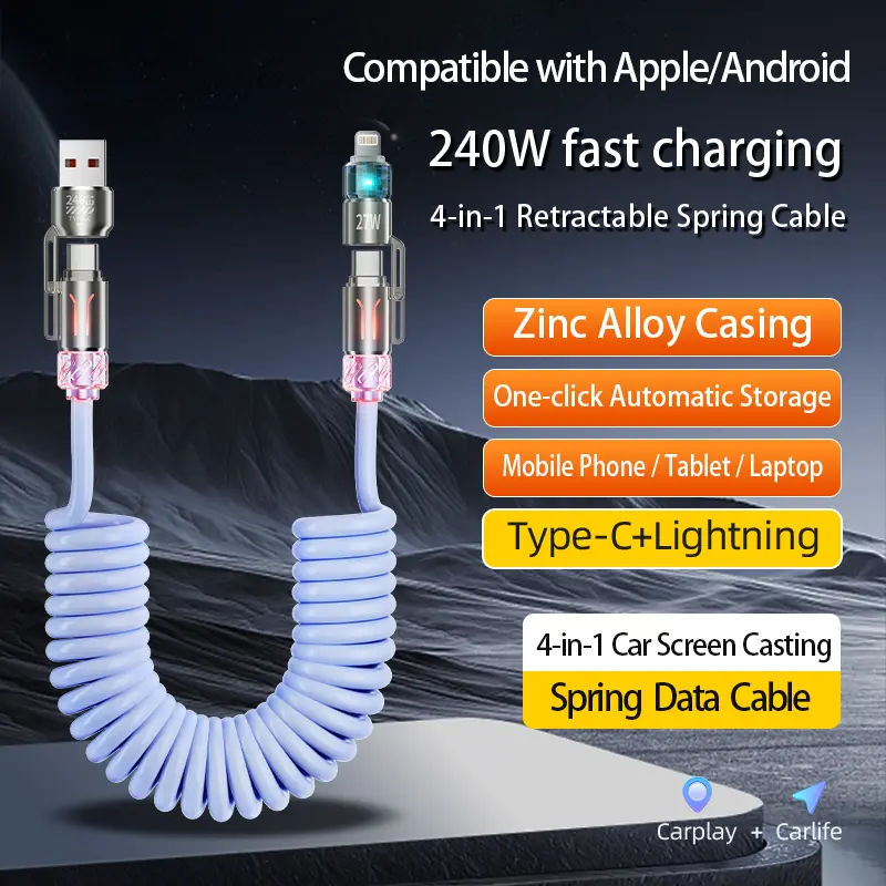 240W 4-in-1 Coiled Car Charging Cable with RGB Ambient Light & Long-Lasting Fragrance (2m / 6.6ft)