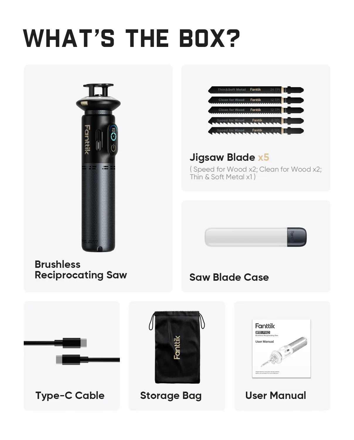【FathersDayGift】 R11 Pro Brushless Cordless Mini Reciprocating Saw, 0–2200 SPM Variable Speed, Type-C Fast Charging, Tool-Free Blade Change, 5-Blade Kit for Wood, Metal & PVC