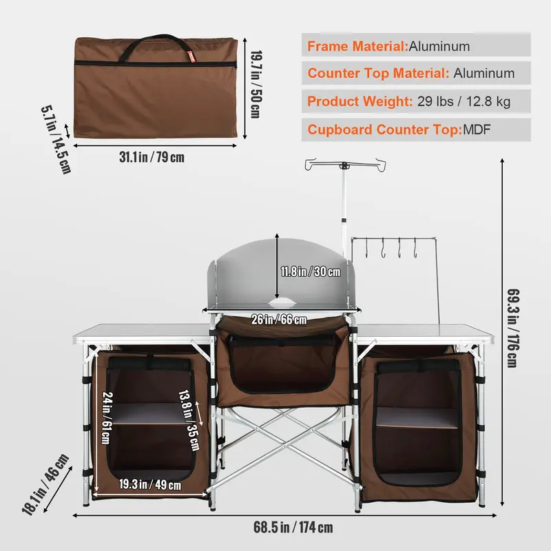 Folding Camping Kitchen Table – Quick Setup, 3 Adjustable Heights, Portable MDF Table for BBQ, Camping & RV Travel