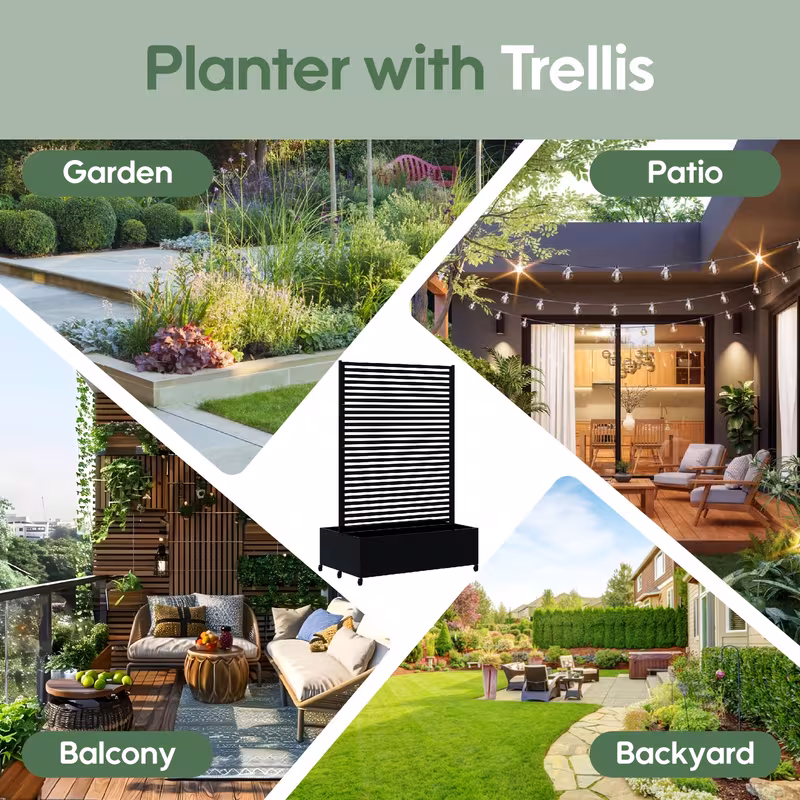 [Planter Box With Trellis] Metal Planter Box With Trellis Privacy Screen, 73"x 47"x 30" Double Planter Box, Raised Garden Bed With Trellis & Wheels, Planter Box Outdoor With Drainage Holes For Climbing Plants, Vegetable, Vines