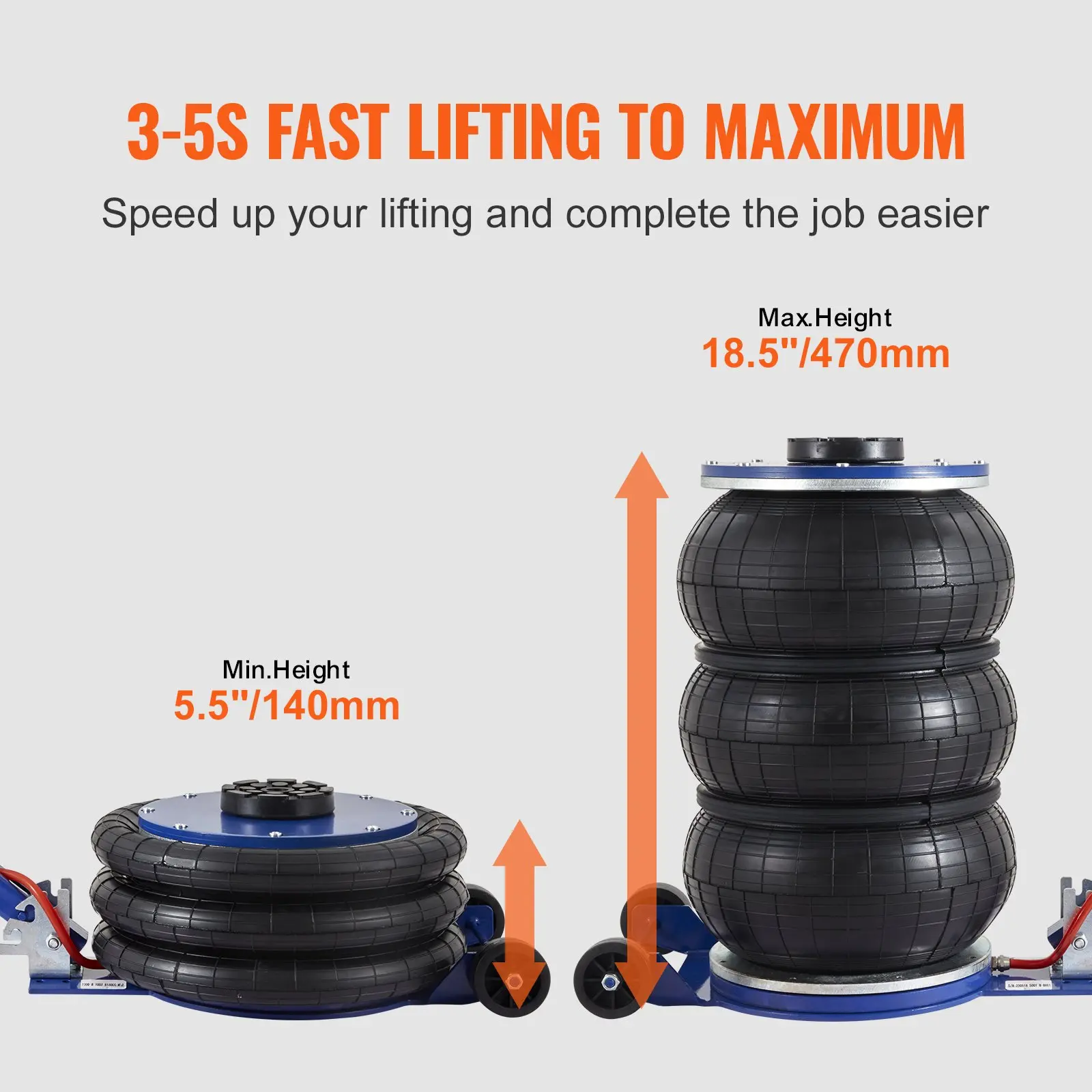 Air Bag Jack, triple bag air jack for fast lifting, 5 TonPneumatic Airbag Jack with 17.7 In Lift, 1-6 Second Fast Lifting & Steel Pipes for Car, SUV, Pickup Truck Repair