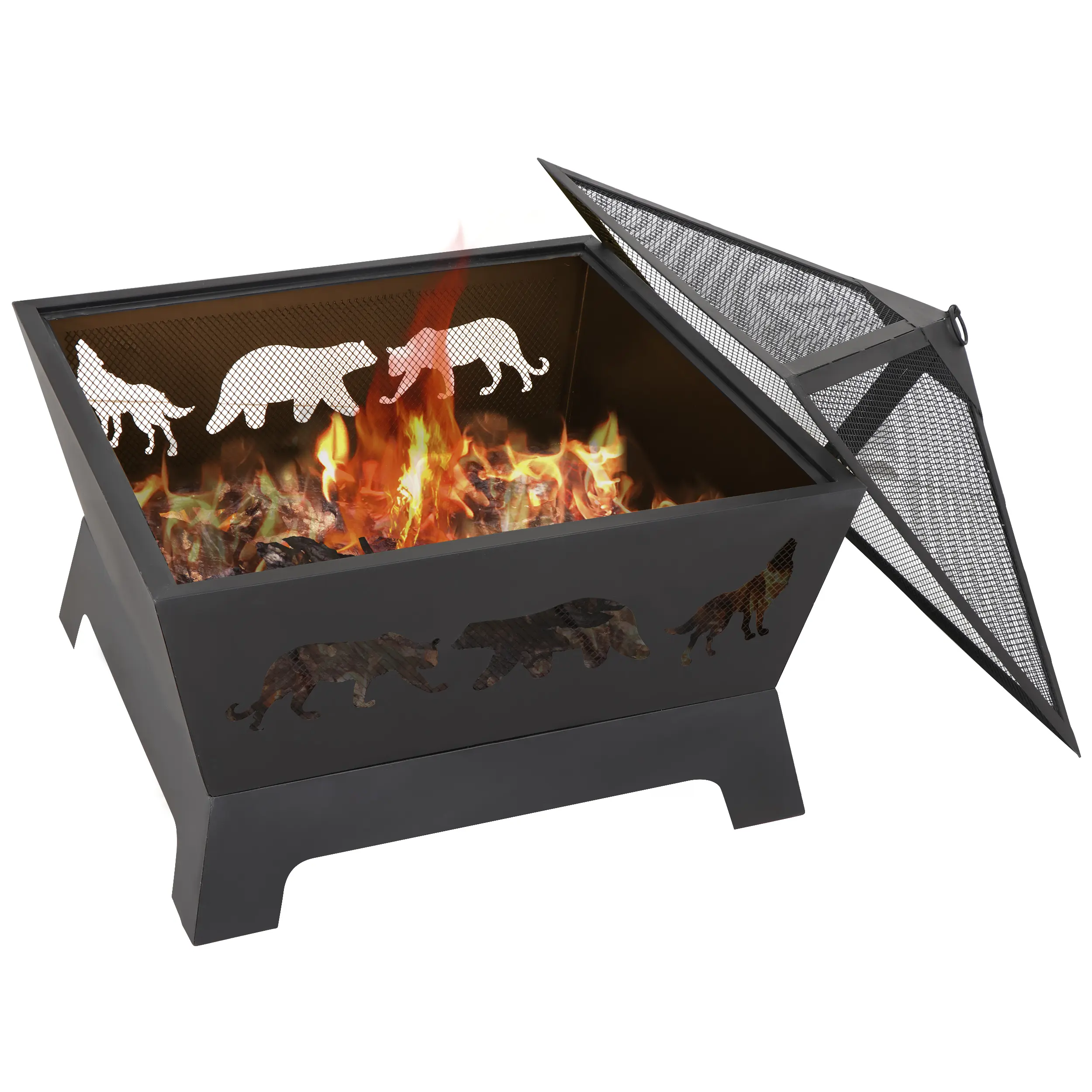32-inch square heavy-duty steel frame wood-burning tabletop fire basin set, outdoor patio furniture, backyard decoration, suitable for family gardens, camping essential.