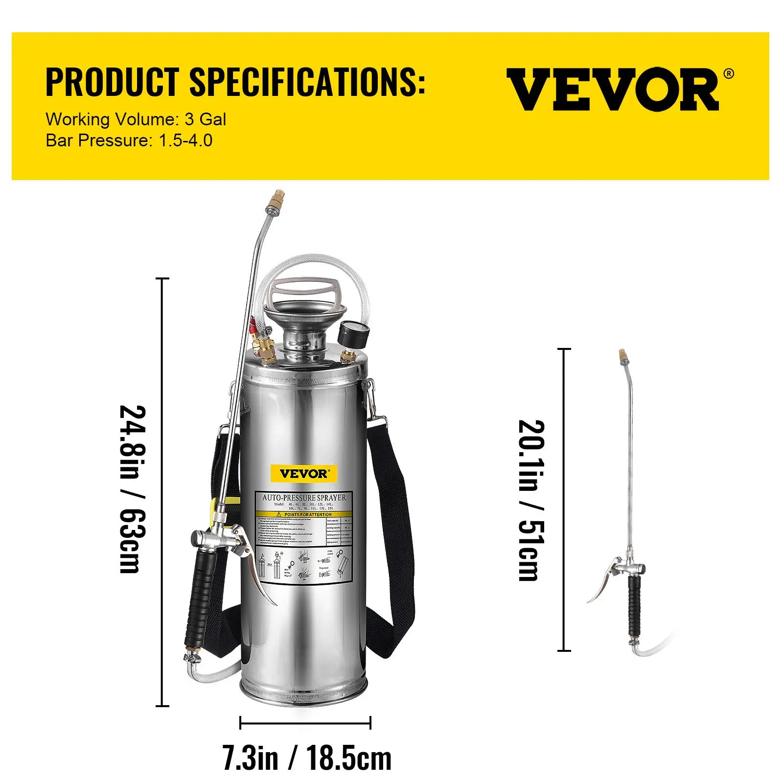 Stainless Steel High Pressure Hand Pump SprayerSet with WandHandle & Reinforced HosePressure GaugeSafety Valvey