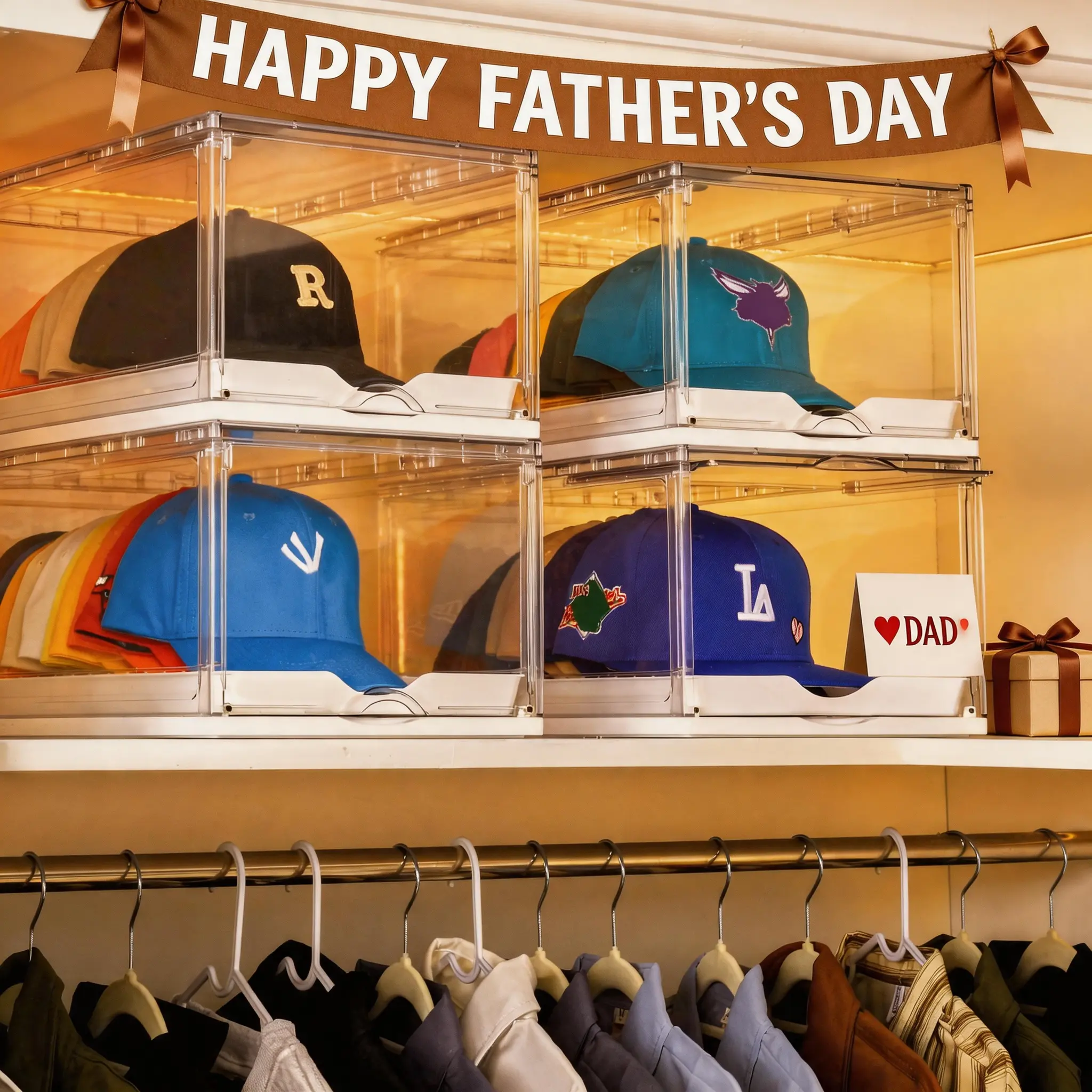 Father’s Day Gift – Stackable Hat Organizer with Clear Display, Sliding Drawer & Magnetic Door, Holds up to 12 Caps Each