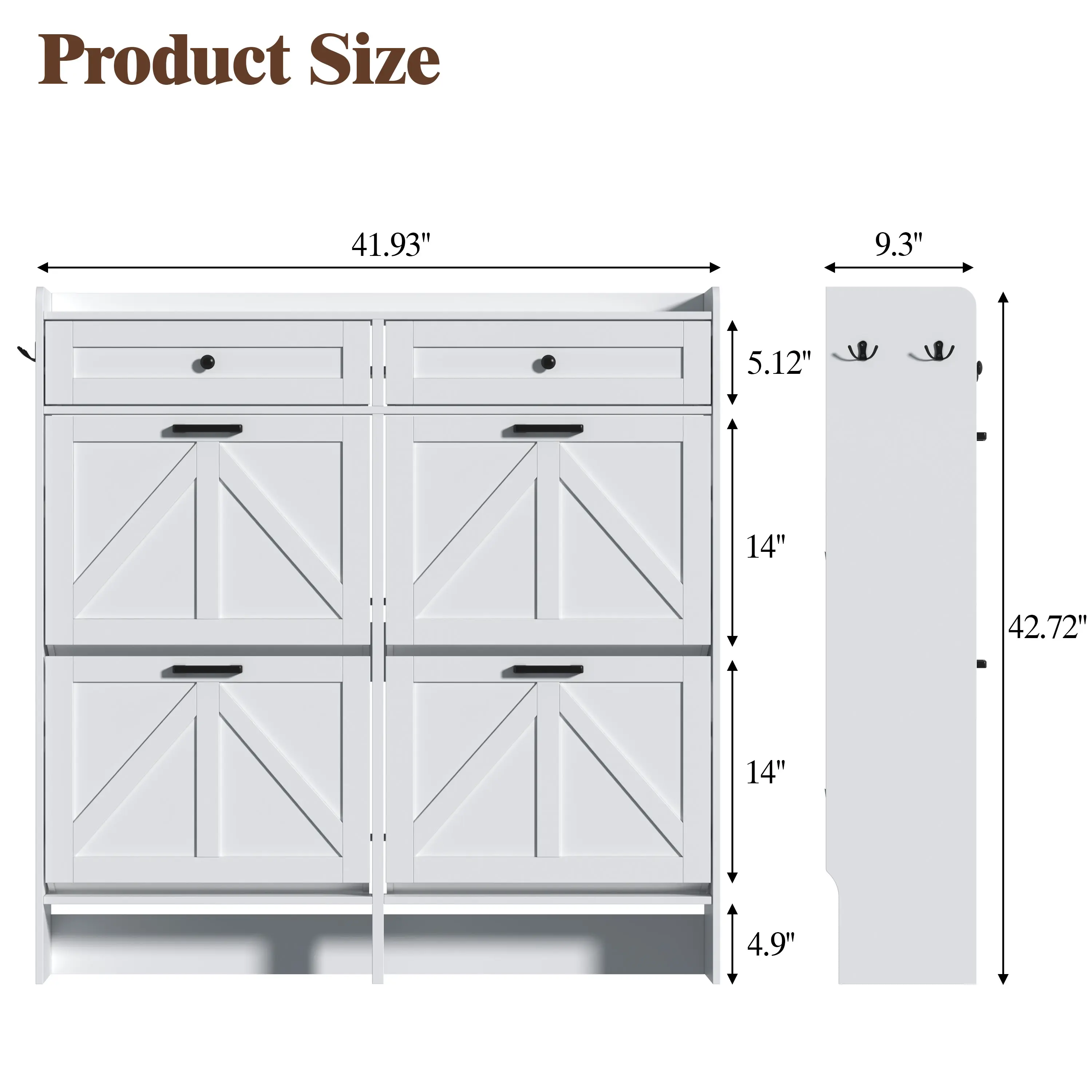 Shoe Storage Cabinet for Entryway, Farmhouse Wide Shoe Cabinet with 4 Flip Drawers and 2 Top Drawers, Freestanding Organizer with Adjustable Shelves, Hooks