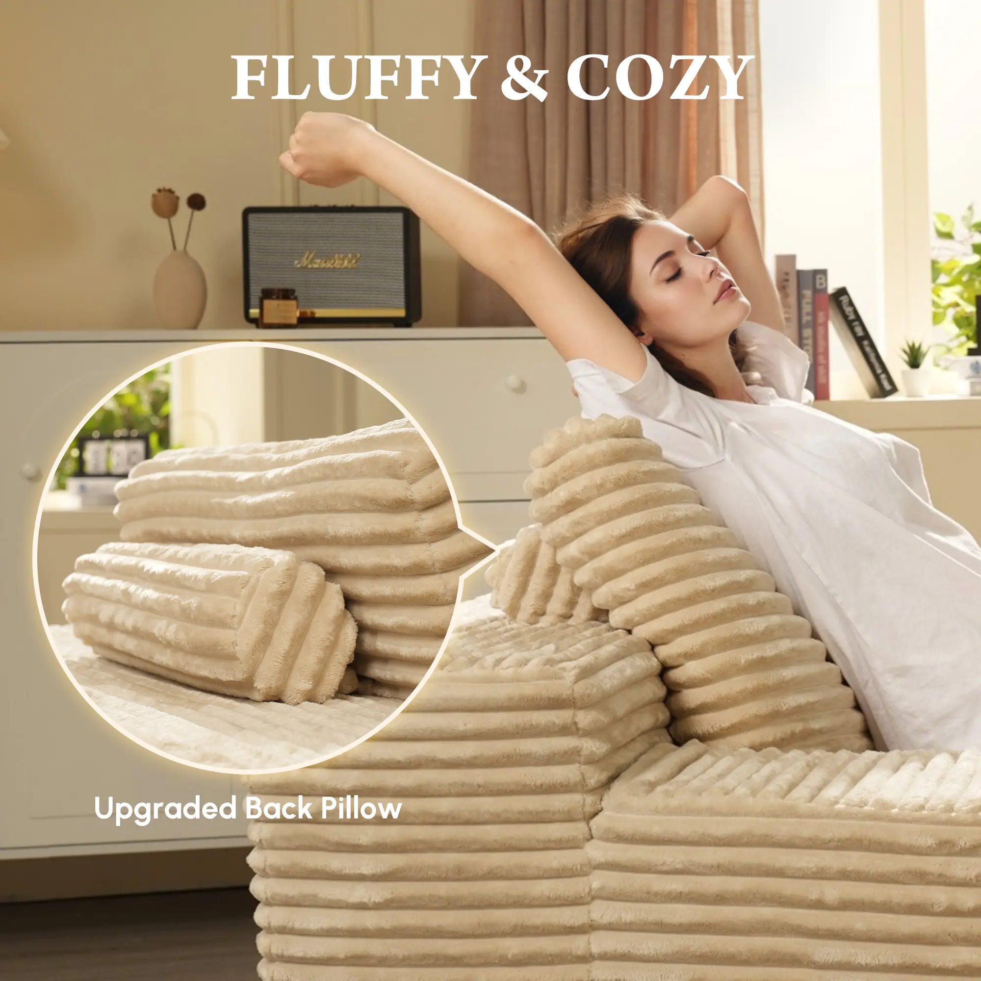 49'' Boneless Chaise Lounge with Cup Holders, Upholstered Sofa Bed with Throw Pillows and Armrests, Indoor Sleeper Chair- Luxurious Plush Corduroy Chair Bed for Living Room - No Assembly Required