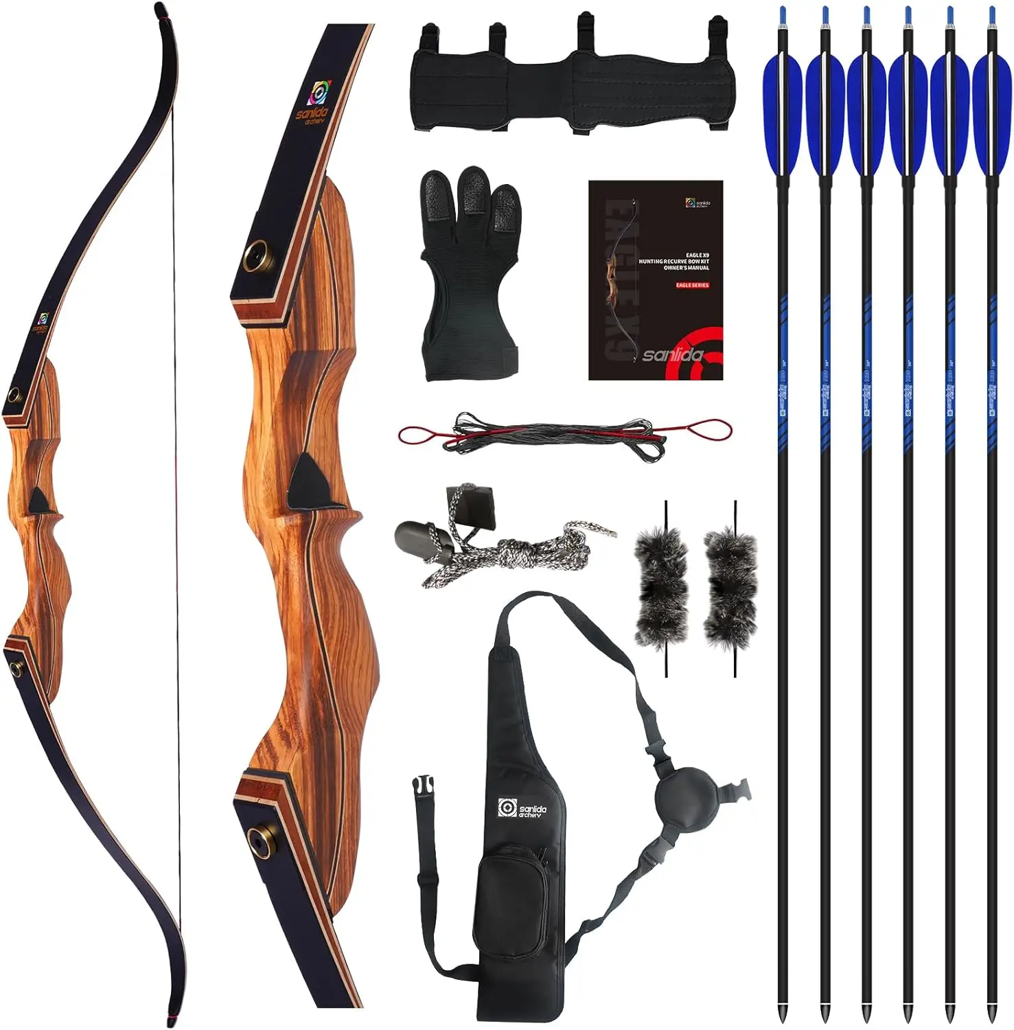 X9 New 58" RTH Standard Recurve Bow and Arrow Set for Adults and Hunters, Wooden Takedown Recurve Bow Package for Outdoor and Practice 25-60 Lbs