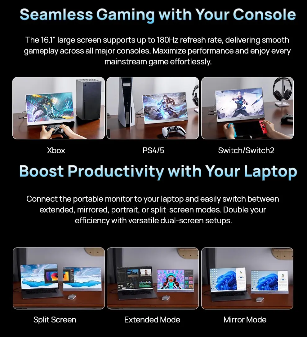 16.1" Portable Gaming Monitors – 180Hz 1440P QHD / 144Hz 1080P FHD – Ultra Slim External Display for Laptops Gaming PC PS5 Xbox Mac with Built-in KickStand & Dual Speakers – Gray