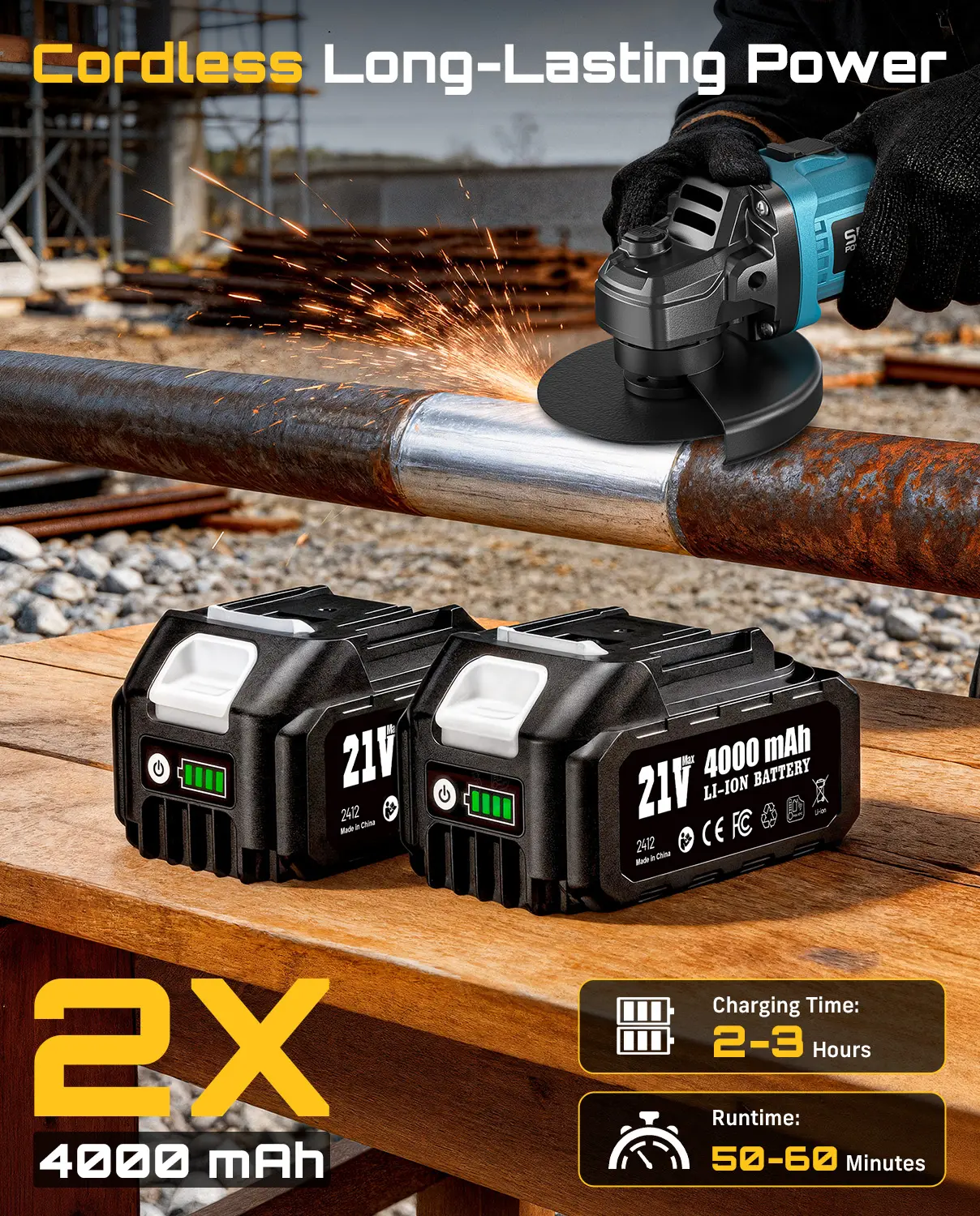 Cordless Angle Grinder Kit – Brushless 10,000RPM, 2x4.0Ah Batteries, 4-1/2'' Cutting, Flap & Wool Wheels for Precision Grinding