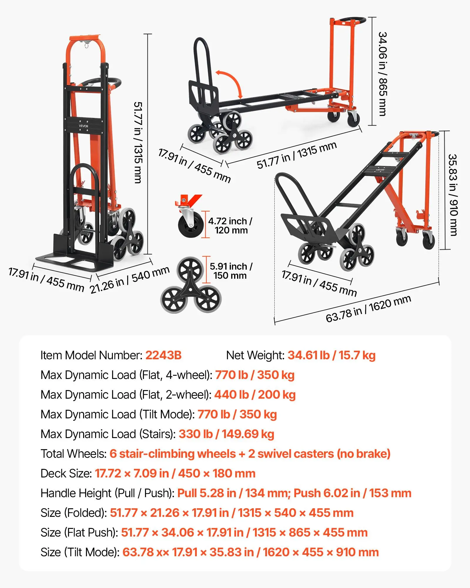 3 in 1 Industrial Convertible Stair Climbing Cart, 770 lbs Max Load, Folding Hand Truck Dolly with Handle & Wheels, Stair Climbing Utility Trolley for Transport & Moving