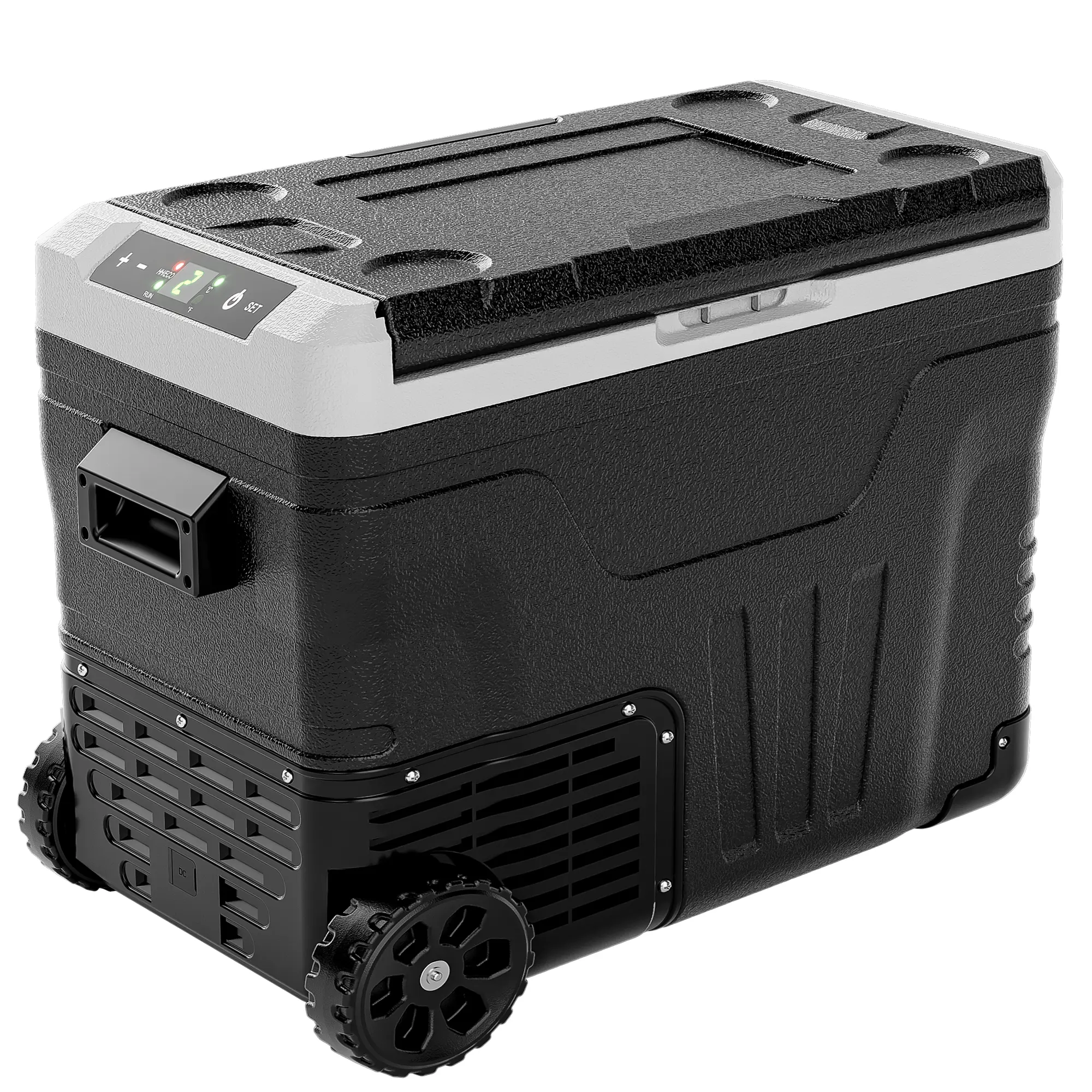 12V Refrigerator (24/37/53Quart /23L/35L/50L) supports 12V/24V DC & 110-240V AC. Portable with -4°F~68°F range, it features wheels, 2 baskets