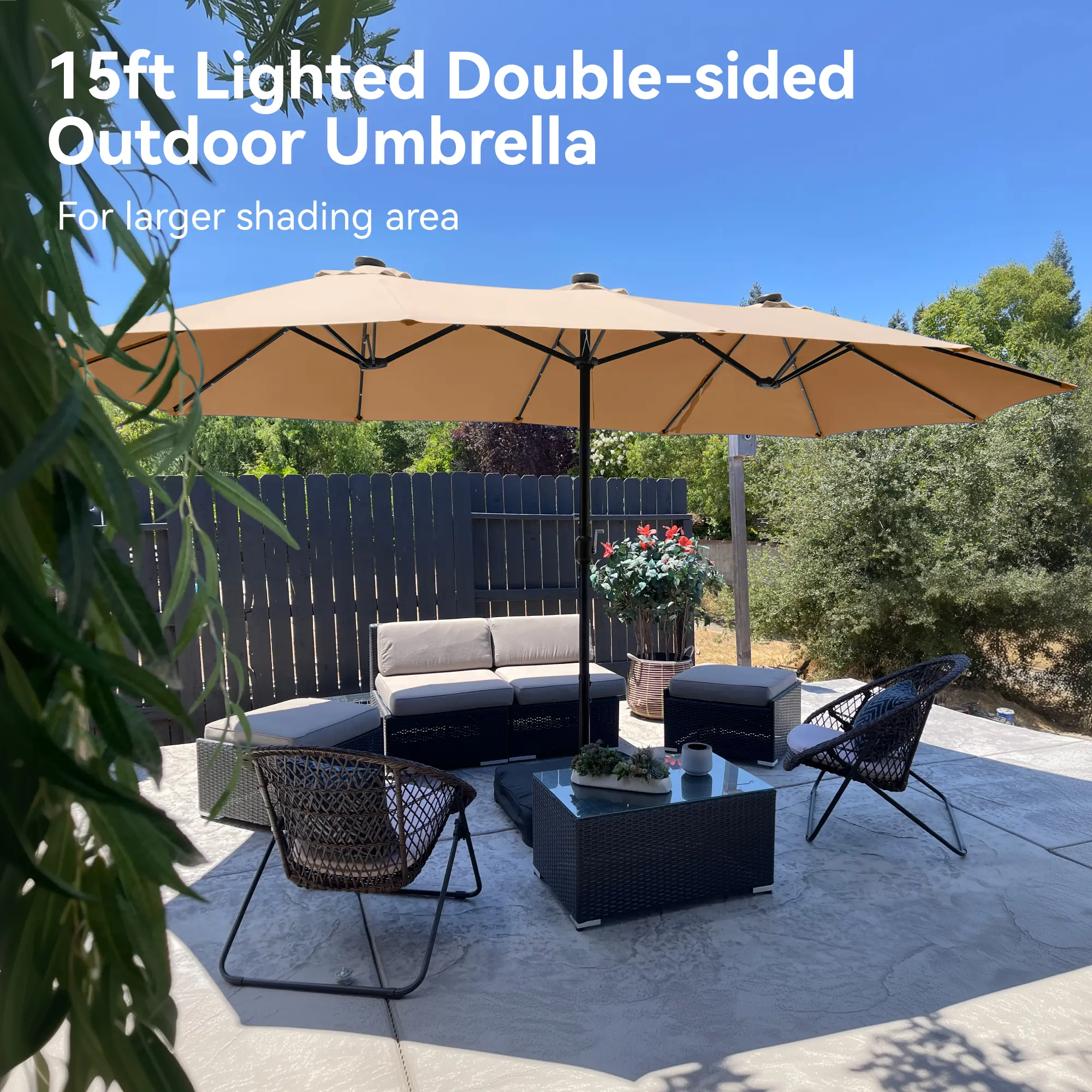 15FT Double-Sided Patio Umbrella with LED Lights | Waterproof Outdoor Shade
