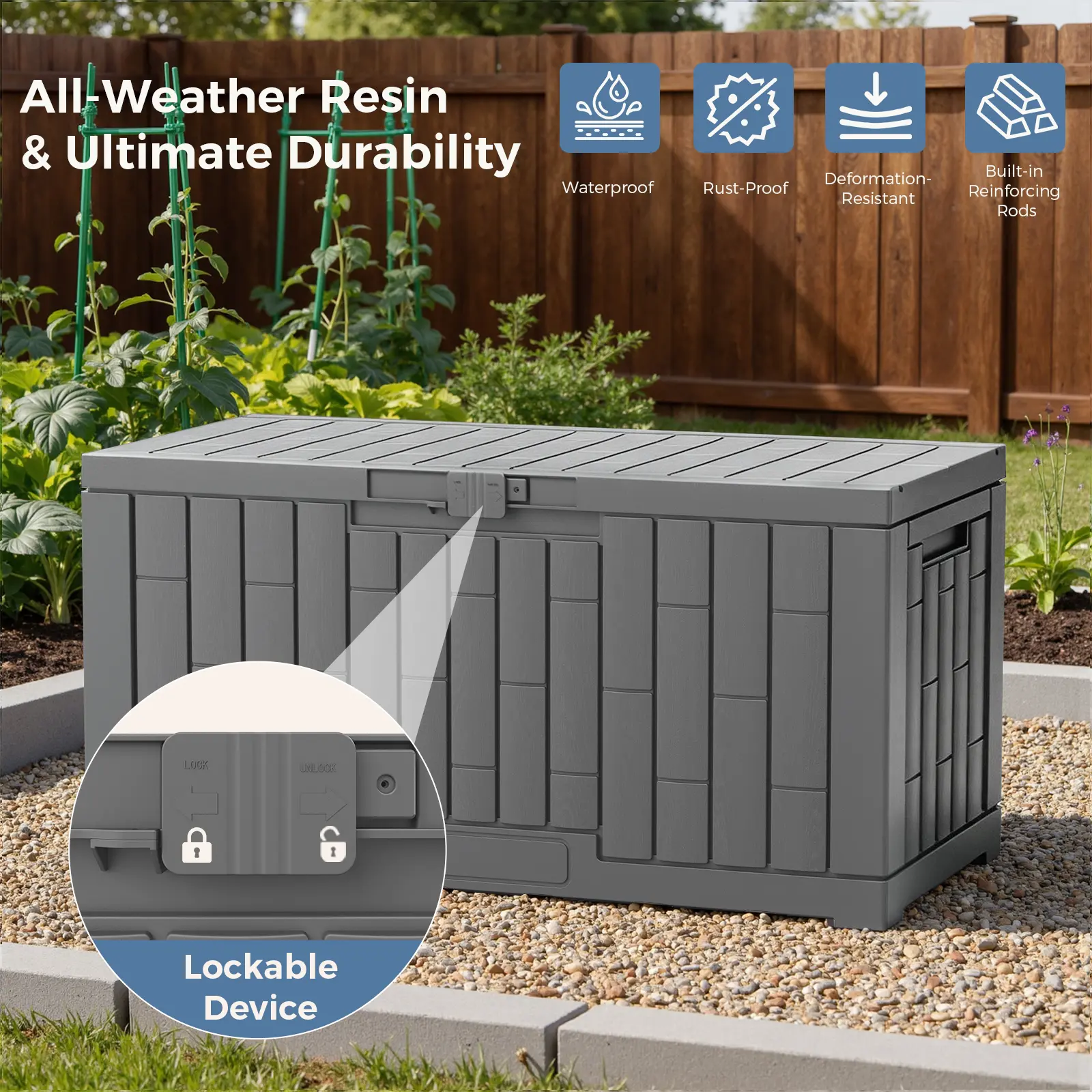 60 Gallon Outdoor Storage Box – Waterproof Lockable Resin Deck Box for Patio Cushions & Garden Tools