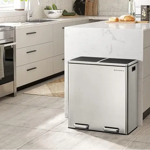 Stainless Steel Trash Can – Multi-Compartment with Plastic Inner Buckets, Hinged Lids & Soft-Close, for Kitchen or Garage