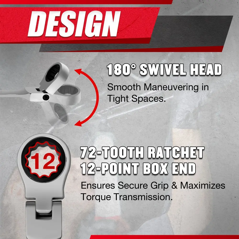 16PCS Flex-Head Ratcheting Wrench Set, Combination Wrench Set, Metric 6-24mm, 72-Tooth, CR-V Steel, with Rolling Pouch