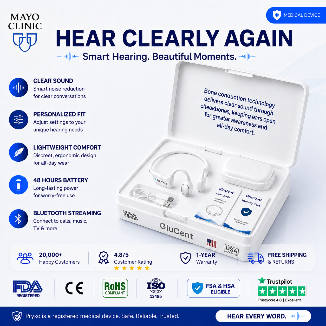 Final 2 Hours : Only Limited Stock Left GluCent® Bone Conduction Smart Hearing Headphones （Mayo Clinic Recommended）