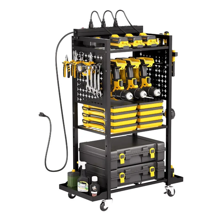 4-Tier Heavy Duty Tool Organizer Cart with Built-in 8-Outlet Charging Station - Rolling Garage Storage Rack with Drill Holders & Wheels