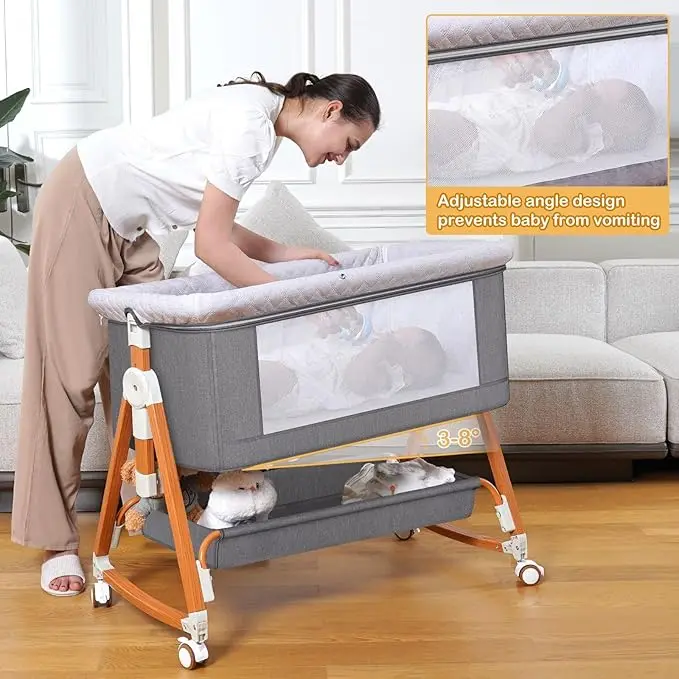 Baby Bassinet Sleeper, 6 Height Adjustable Cribs, Easy to Fold Portable Crib Side Bassinet, Swing Cradle Bed Side Sleeper with Ventilated Net&Wheels