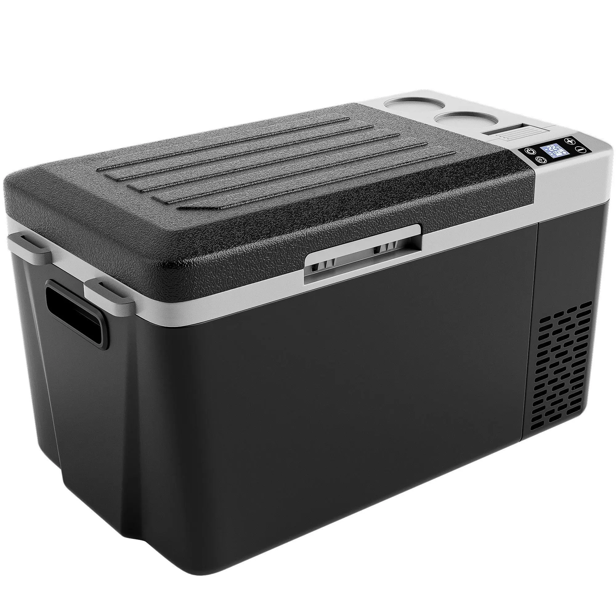 12V Refrigerator (24/37/53Quart /23L/35L/50L) supports 12V/24V DC & 110-240V AC. Portable with -4°F~68°F range, it features wheels, 2 baskets