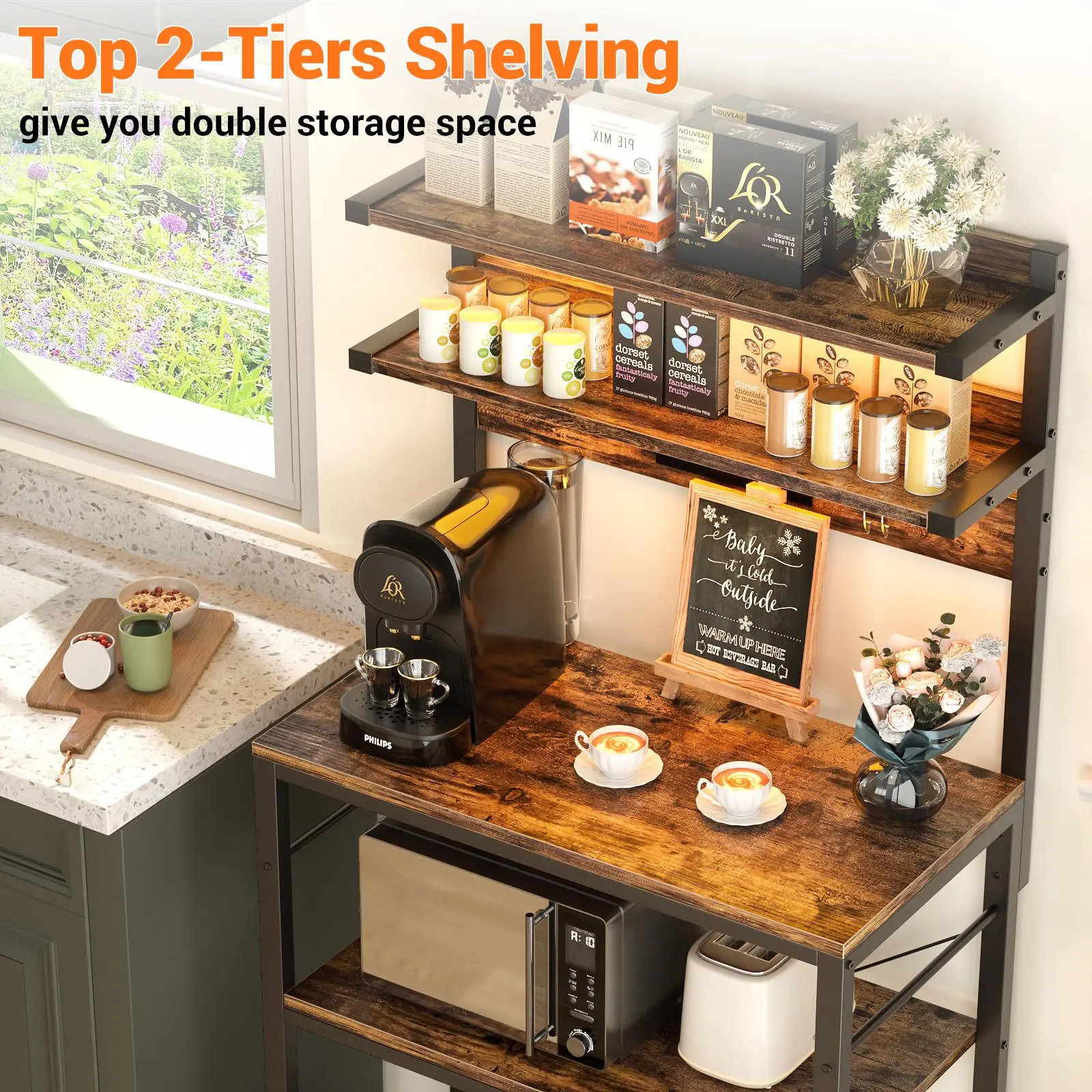 Bakers Rack with Power Outlet – 5-Tier Kitchen Storage Shelf with LED Lights, Microwave Stand & Coffee Bar Station