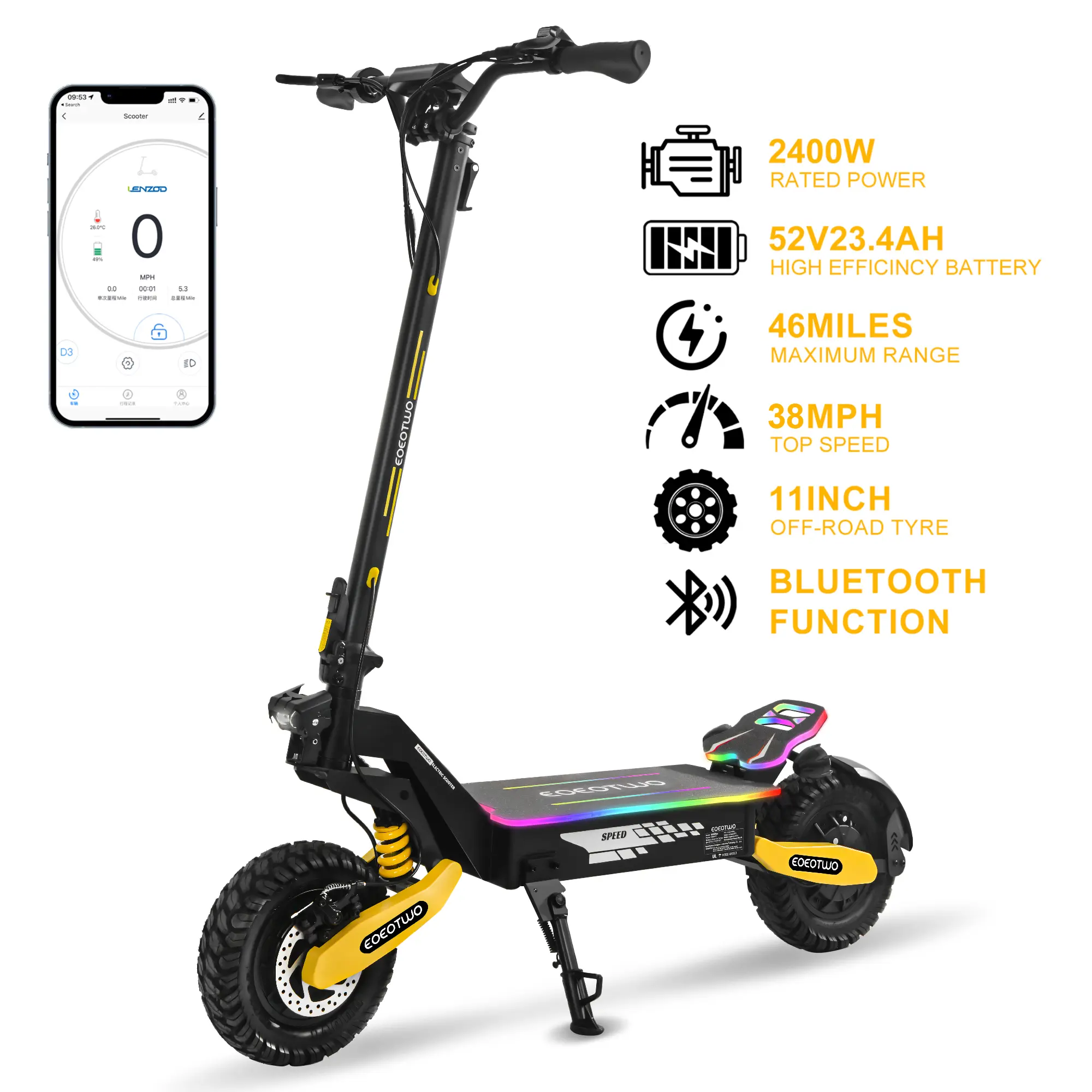 Electric scooter with a range of 40 miles, equipped with a 1200 W motor, top speed of 30 miles per hour, 11-inch all-terrain tires, front and rear shock absorbers, an LED display screen