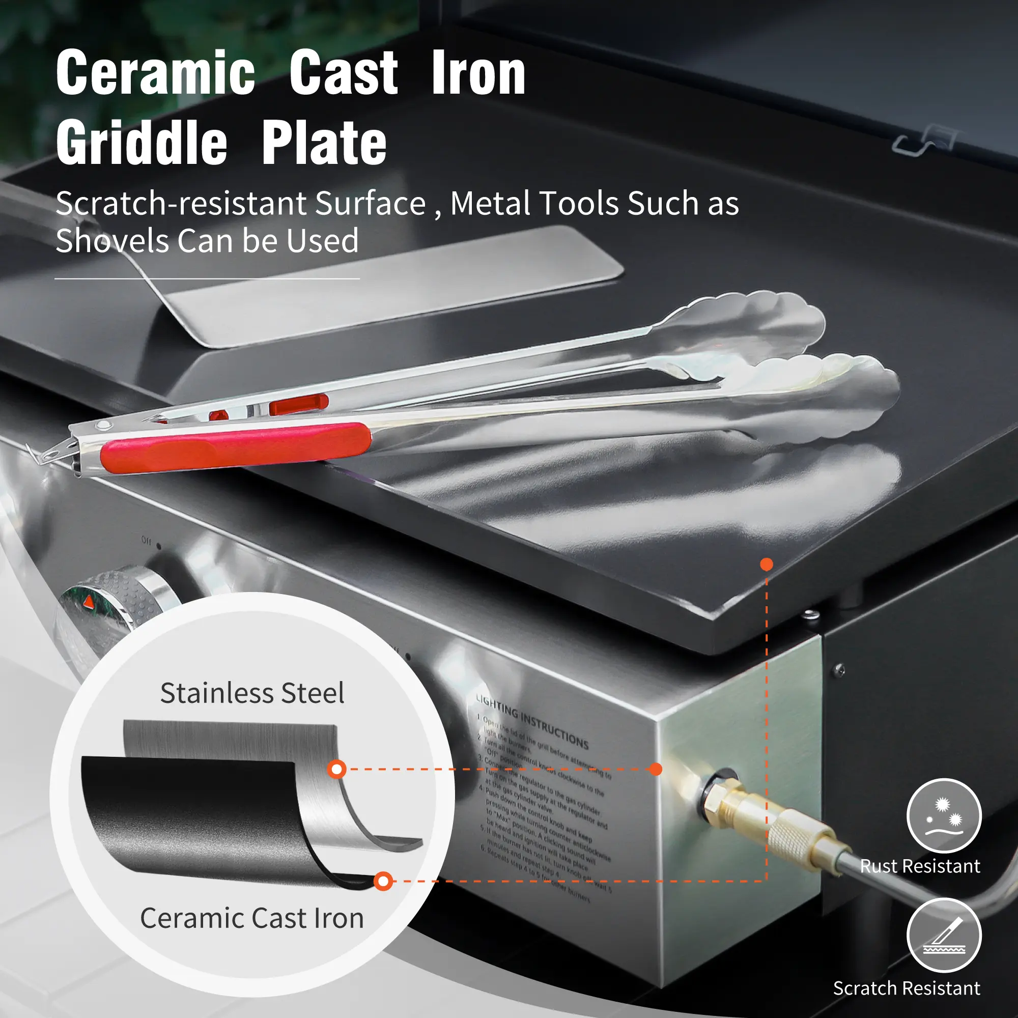 27 Inch Flat Top Grill with Ceramic Coated Cast Iron Pan, 3-Burner Propane Gas, Nonstick Design, Stainless Steel Barbecue Home Food Kitchenware