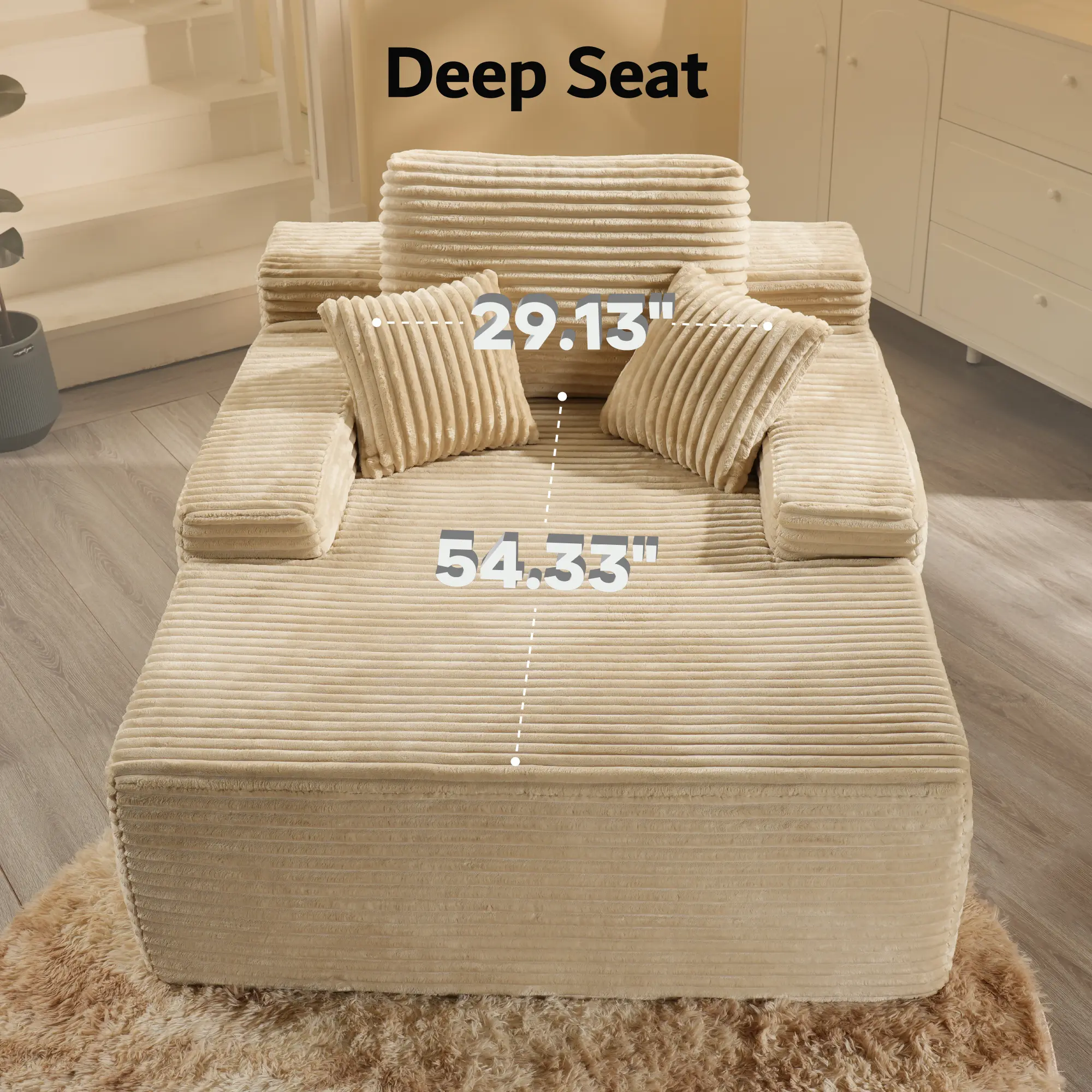 49'' Boneless Chaise Lounge with Cup Holders, Upholstered Sofa Bed with Throw Pillows and Armrests, Indoor Sleeper Chair- Luxurious Plush Corduroy Chair Bed for Living Room - No Assembly Required