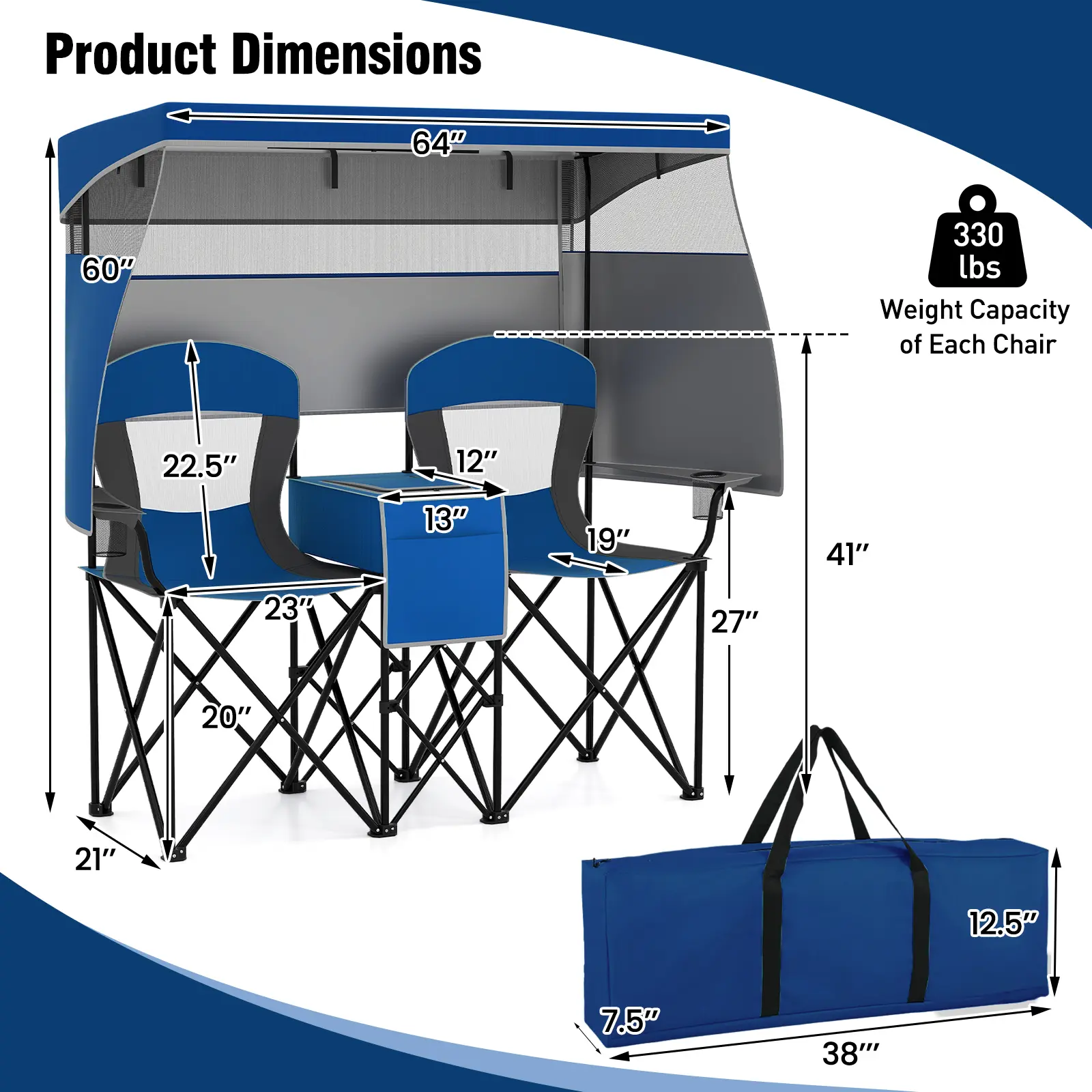 2-Person Portable Camping Chair with Roll-Up Shade & Cooler Bag