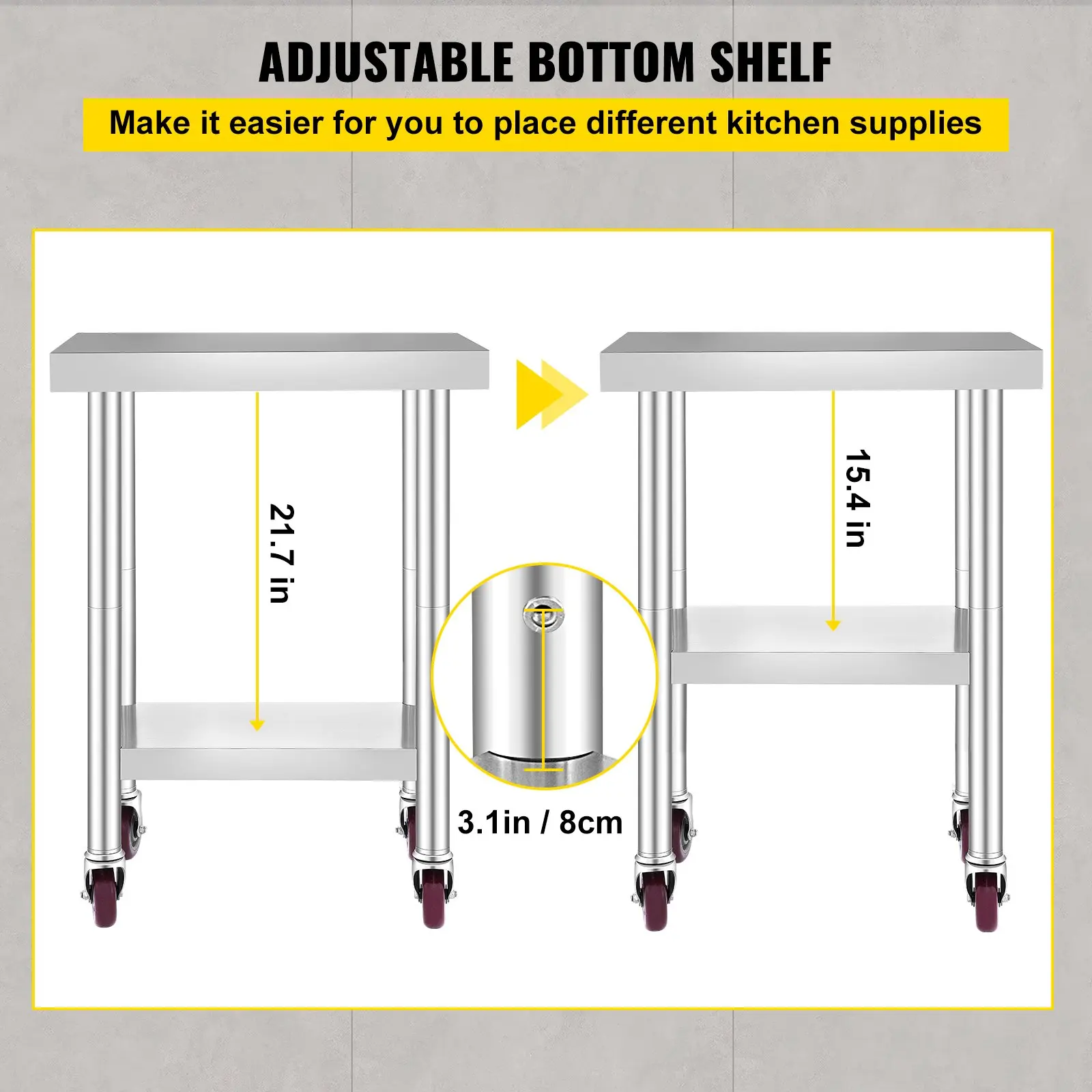 Stainless Steel Work Table, Various specifications, With 4 Wheels Heavy Duty Commercial Food Prep Worktable with Brake for Kitchen Prep Work,Stainless Steel Work Table