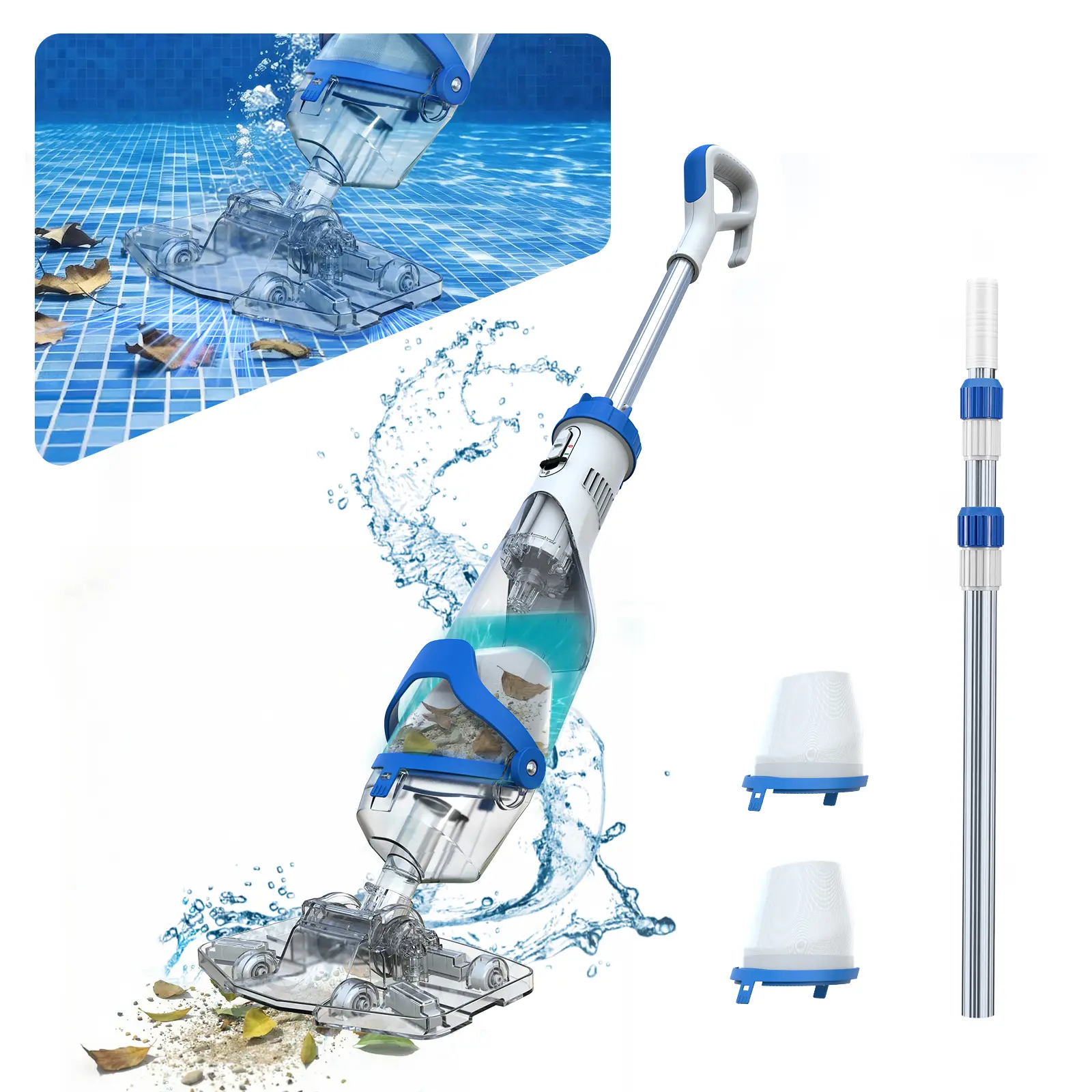 【Summer Vibes】New Upgrade PC18 Pool Vacuum for Above Ground Pool with Telescopic Pole, Running time up to 1H, Handheld Design with Powerful Suction up to 18.5 gallon/min Ideal for Leaves, Debris