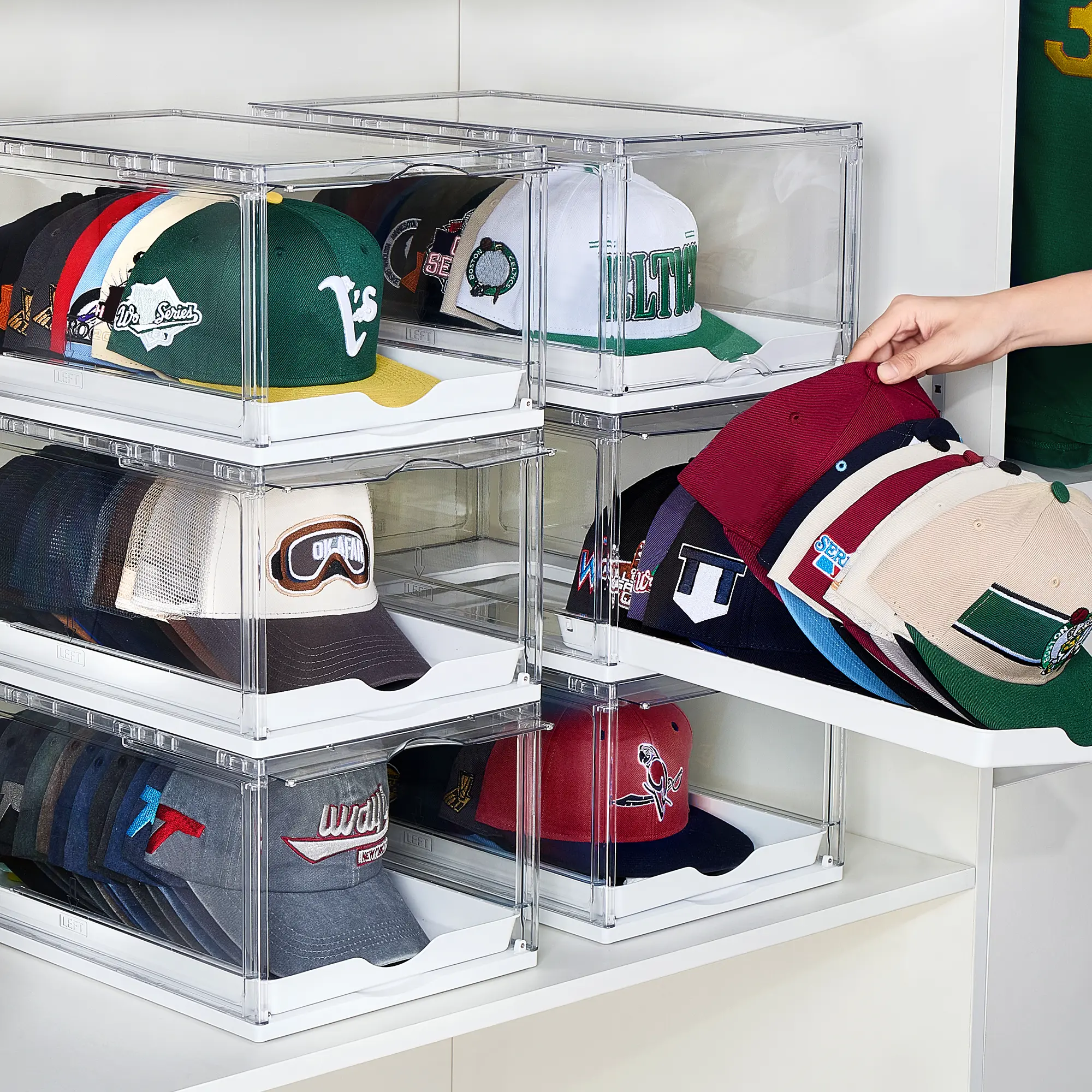 Father’s Day Gift – Stackable Hat Organizer with Clear Display, Sliding Drawer & Magnetic Door, Holds up to 12 Caps Each