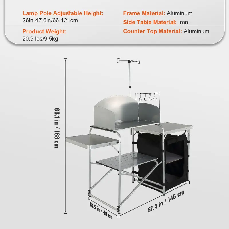 Folding Camping Kitchen Table – Quick Setup, 3 Adjustable Heights, Portable MDF Table for BBQ, Camping & RV Travel