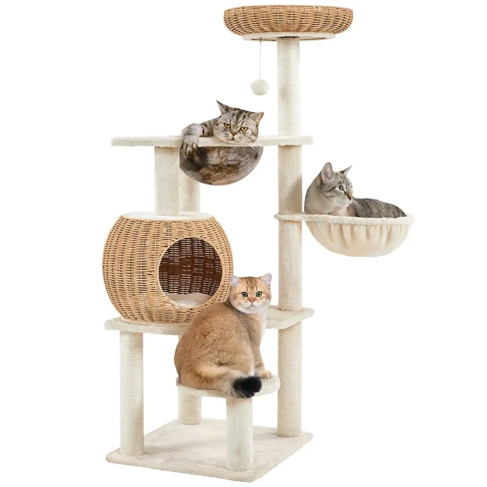 54'' Rattan Cat Tree Tower – Woven Condo, Clear Bowl, Washable Cushions & Scratching Posts for Indoor Cats